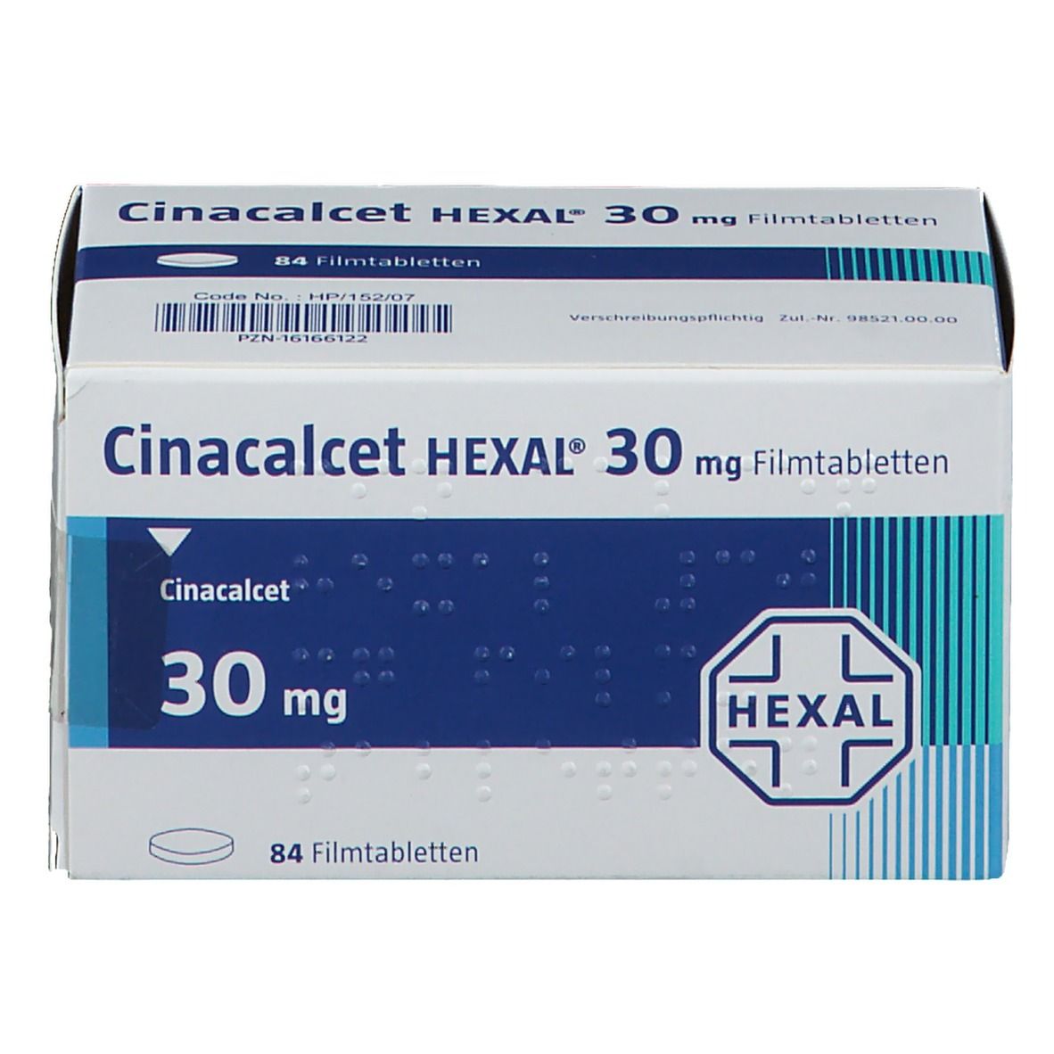 Weiße Faltschachtel mit Aufschrift Cinacalcet HEXAL 30 mg Filmtabletten. HEXAL-Logo. 84 Filmtabletten. Code und PZN.