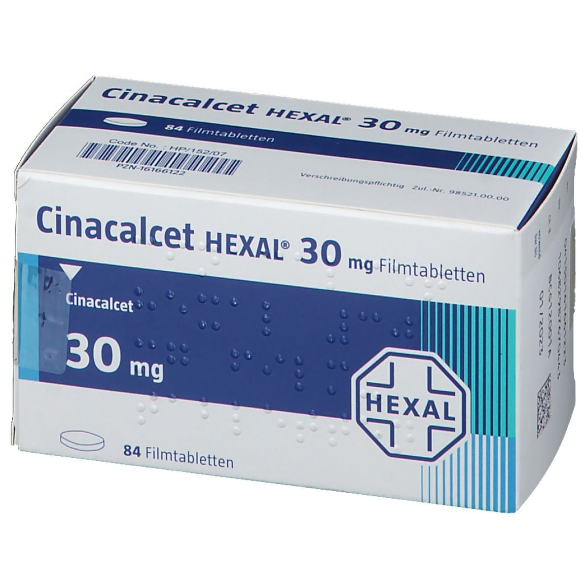 Weiße Faltschachtel mit Aufschrift Cinacalcet HEXAL 30 mg Filmtabletten. HEXAL-Logo. 84 Filmtabletten. Code und PZN.