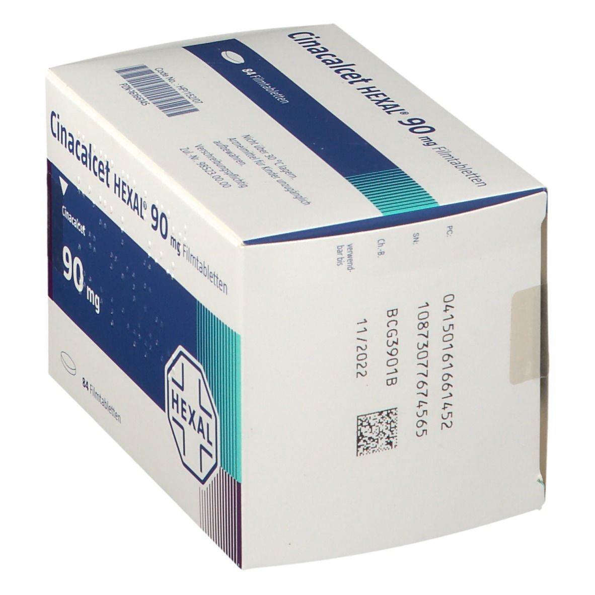 Schachtel CINACALCET HEXAL 90 mg Filmtabletten. Weiße Verpackung mit blauen Akzenten, Produktinformationen und HEXAL-Logo.