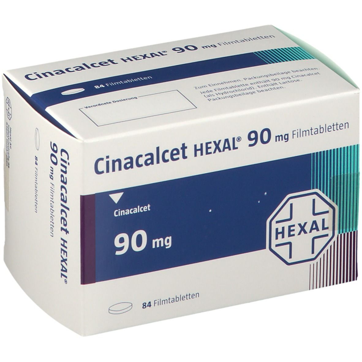 Schachtel CINACALCET HEXAL 90 mg Filmtabletten. Weiße Verpackung mit blauen Akzenten, Produktnamen und HEXAL-Logo.