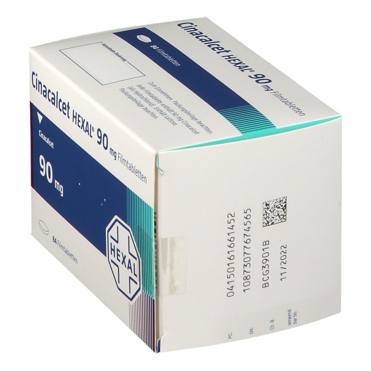 Schachtel CINACALCET HEXAL 90 mg Filmtabletten. Weiße Verpackung mit blauen Akzenten, Produktinformationen und HEXAL-Logo.