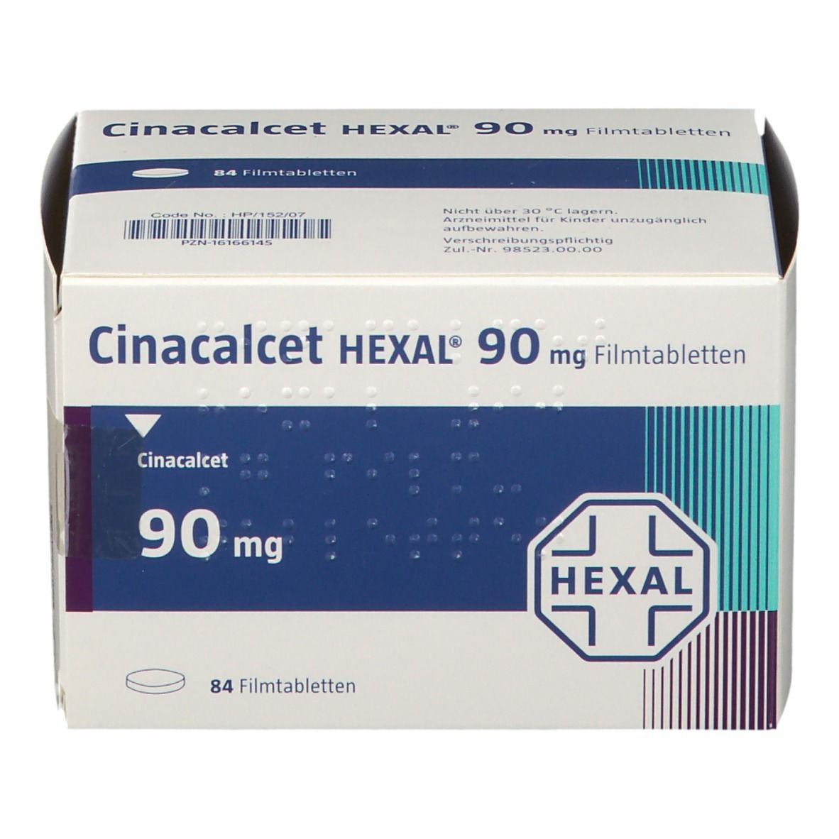 Schachtel CINACALCET HEXAL 90 mg Filmtabletten. Weiße Verpackung mit blauen Akzenten, Produktnamen und HEXAL-Logo.