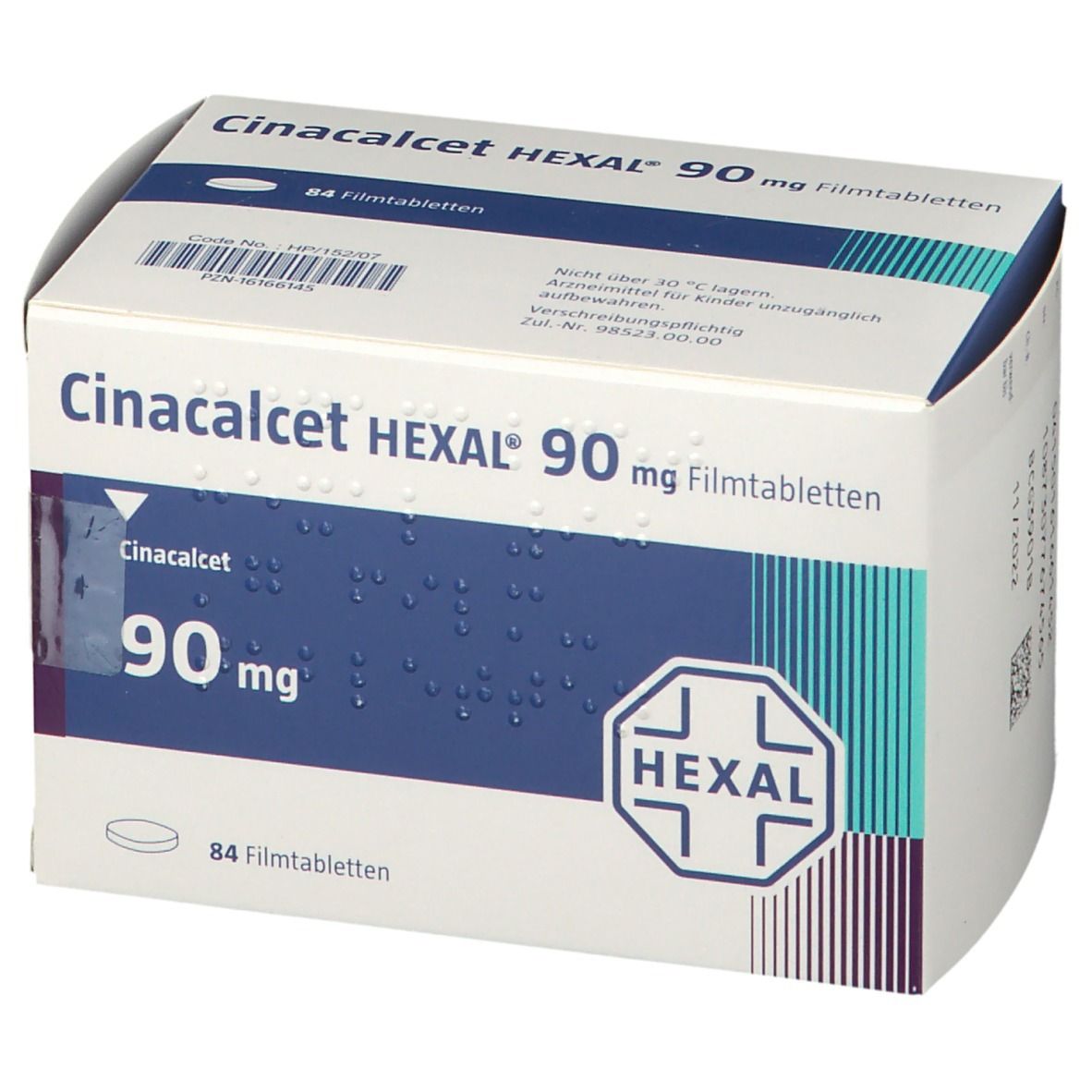 Schachtel CINACALCET HEXAL 90 mg Filmtabletten. Weiße Verpackung mit blauen Akzenten, Produktnamen und HEXAL-Logo.