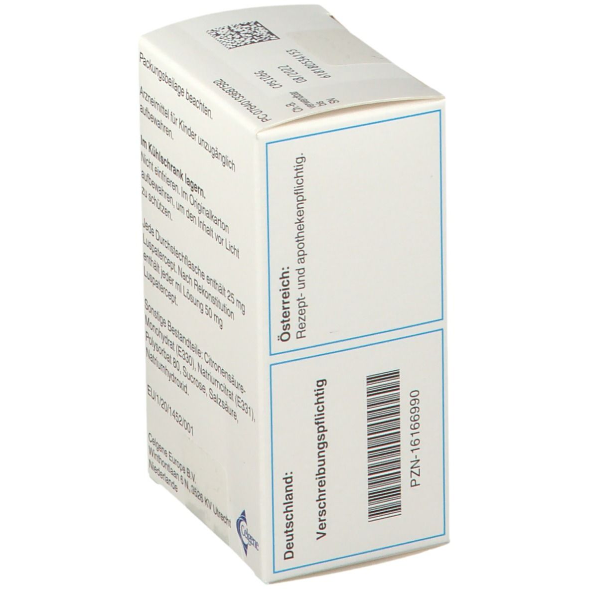 Reblozyl 25 mg. Österreich: Rezept- und apothekenpflichtig. Deutschland: Verschreibungspflichtig. PZN: 16166990.