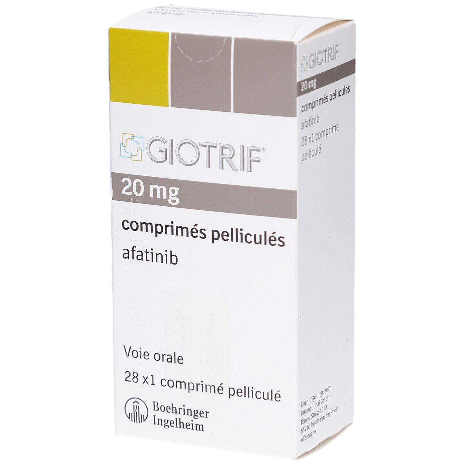 Schachtel mit GIOTRIF 20 mg Filmtabletten. Aufschrift: 20 mg, comprimés pelliculés, afatinib, 28 x 1 comprimé pelliculé.