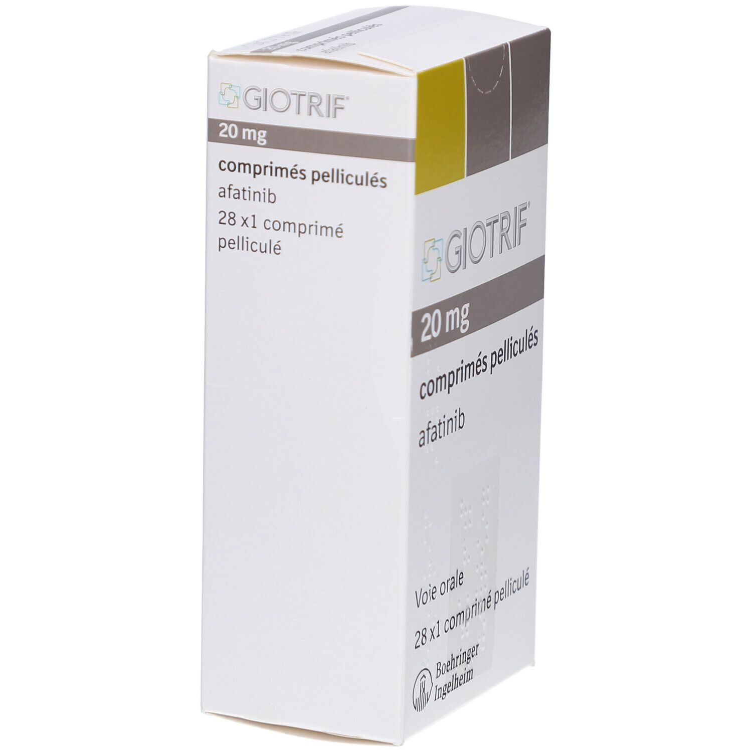 Schachtel mit GIOTRIF 20 mg Filmtabletten. Aufschrift: 20 mg, comprimés pelliculés, afatinib, 28 x 1 comprimé pelliculé.