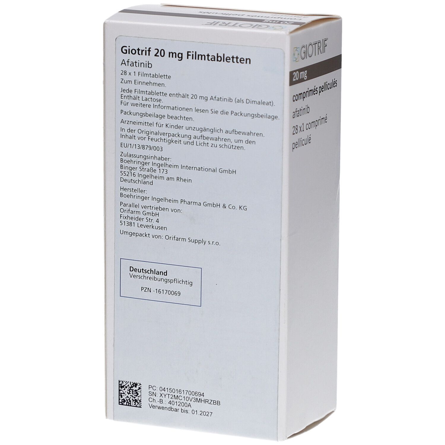 Rückseite der Schachtel mit GIOTRIF 20 mg Filmtabletten. Text: Giotrif 20 mg Filmtabletten, Afatinib, 28 x 1 Filmtablette.