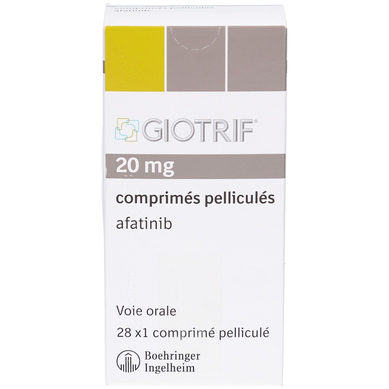 Schachtel mit GIOTRIF 20 mg Filmtabletten. Aufschrift: 20 mg, comprimés pelliculés, afatinib, 28 x 1 comprimé pelliculé.