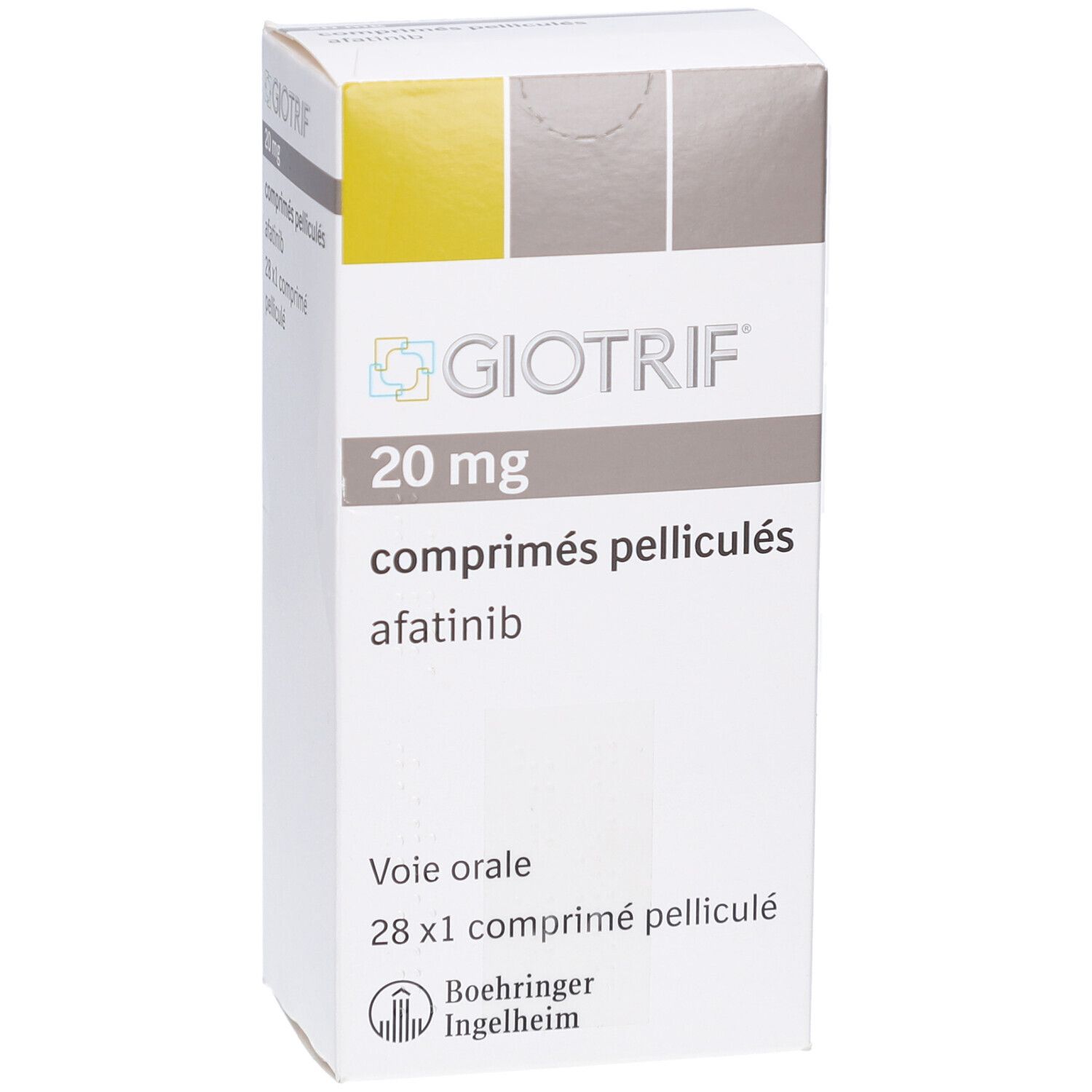 Schachtel mit GIOTRIF 20 mg Filmtabletten. Aufschrift: 20 mg, comprimés pelliculés, afatinib, 28 x 1 comprimé pelliculé.