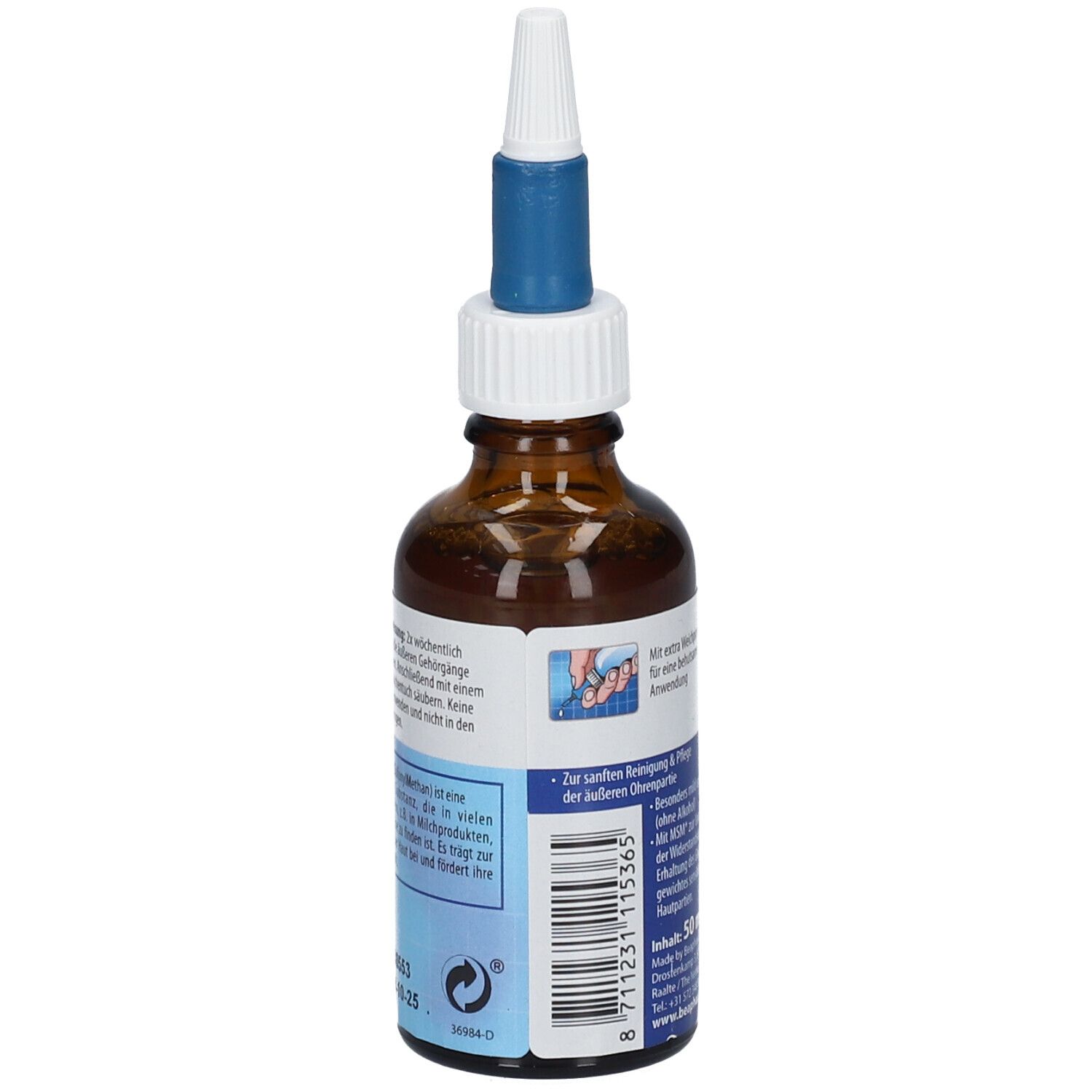 Braune Flasche mit weißem und blauem Verschluss. Rückseite mit Text und Barcode. Aufschrift: beaphar Ohrreiniger Sensitiv.