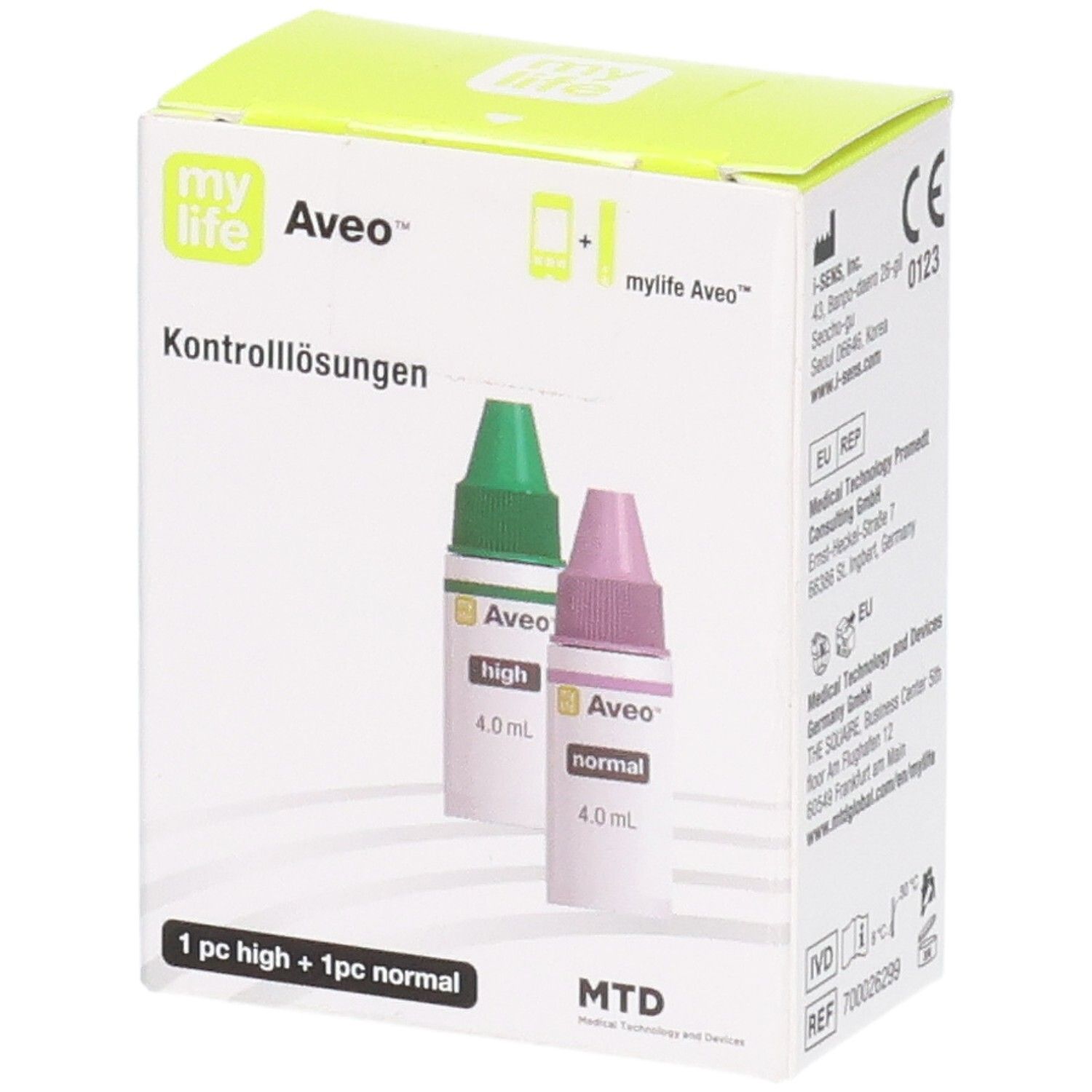 Verpackung mit zwei Fläschchen MYLIFE Aveo Kontrolllösungen: 1x High (grüner Verschluss), 1x Normal (lila Verschluss). Beide 4.0 ml.