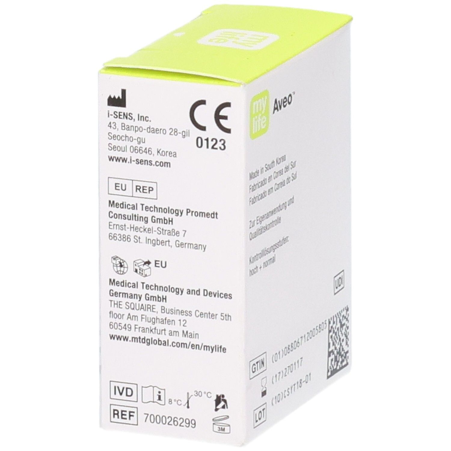 Rückseite der Verpackung mit Herstellerinformationen, CE-Zeichen und Produktreferenzen.