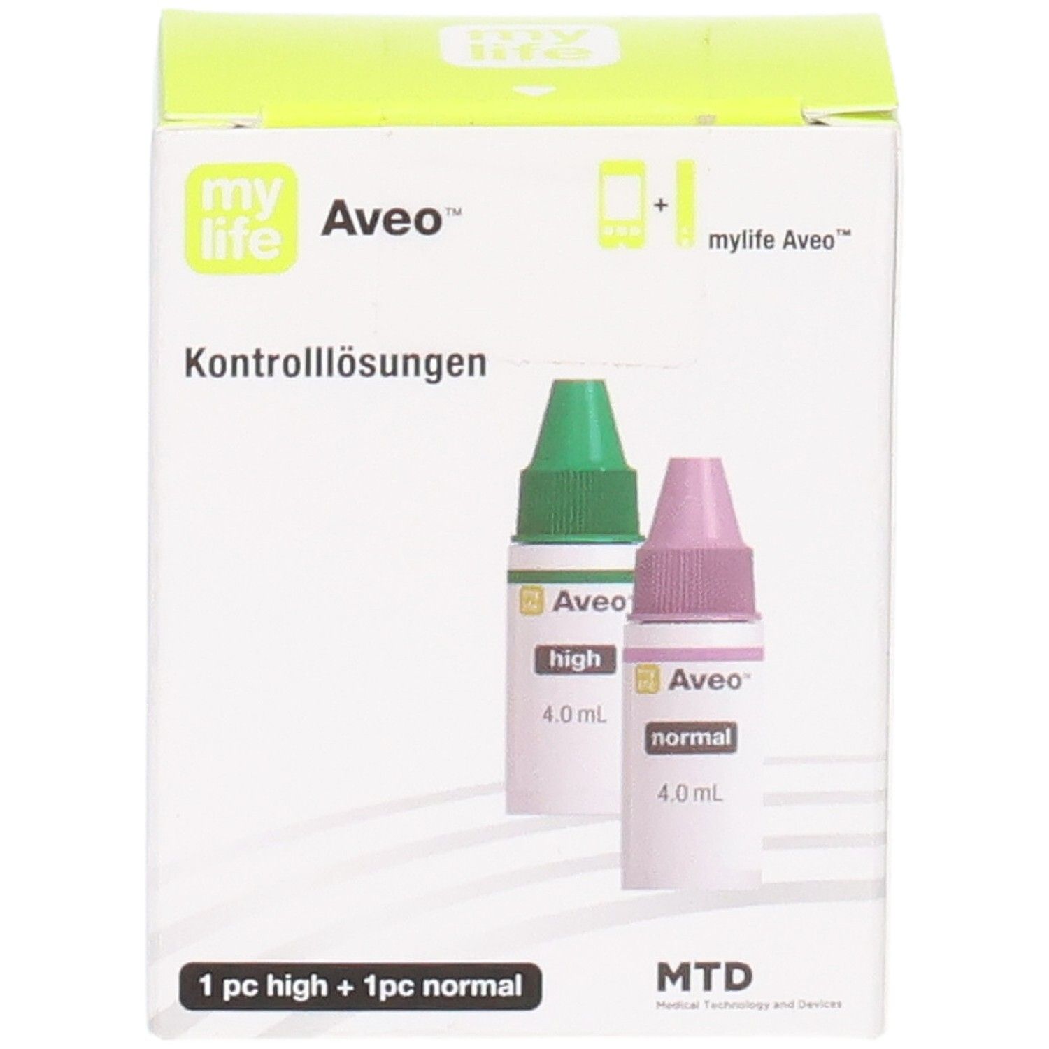 Verpackung mit zwei Fläschchen MYLIFE Aveo Kontrolllösungen: 1x High (grüner Verschluss), 1x Normal (lila Verschluss). Beide 4.0 ml.