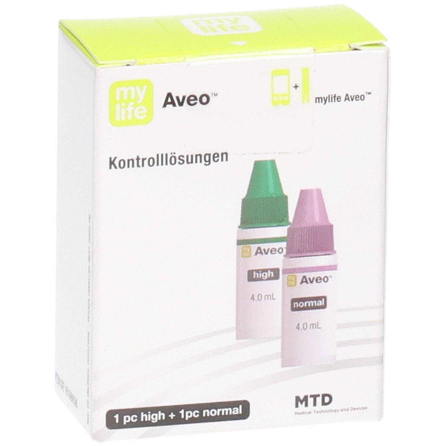 Verpackung mit zwei Fläschchen MYLIFE Aveo Kontrolllösungen: 1x High (grüner Verschluss), 1x Normal (lila Verschluss). Beide 4.0 ml.