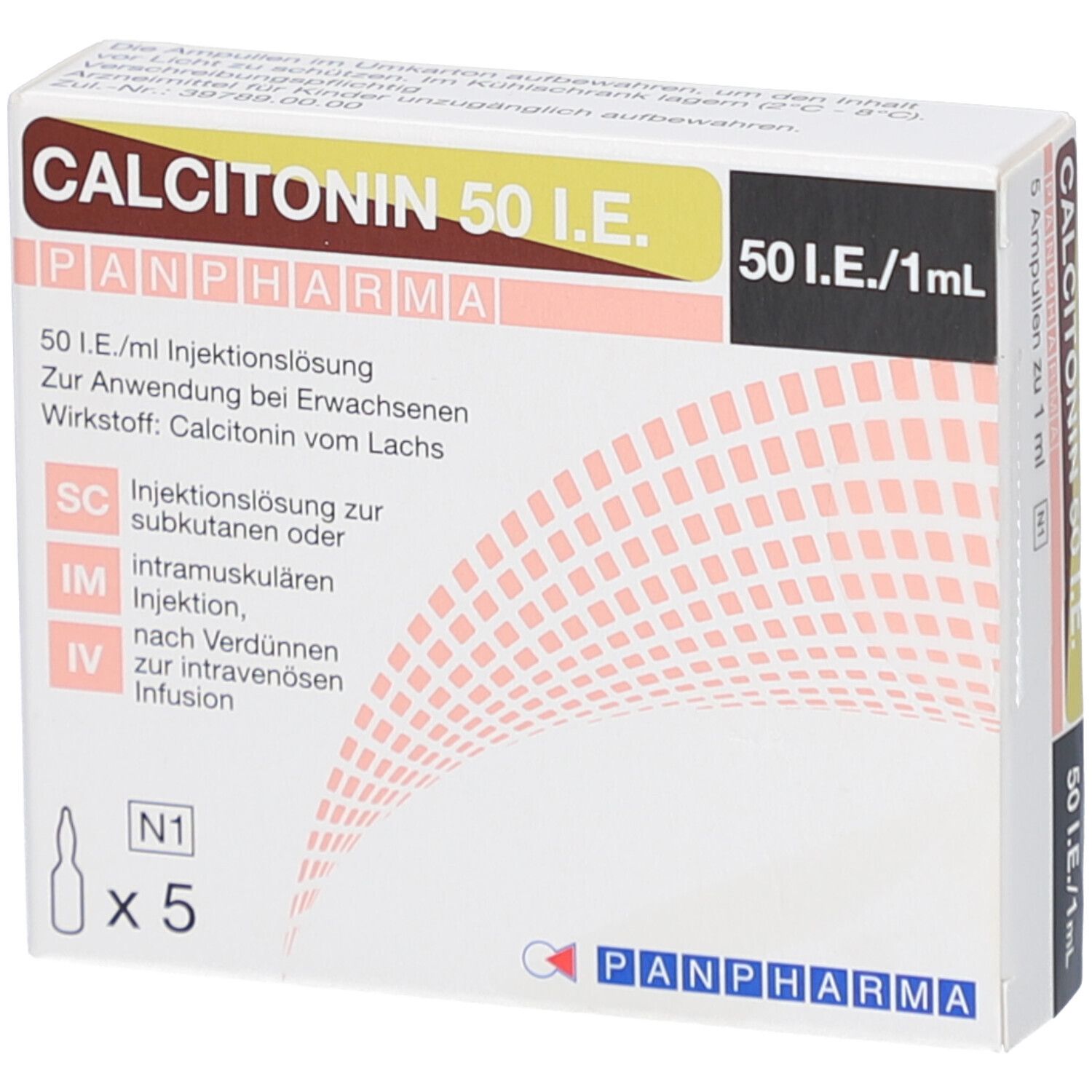 Schachtel CALCITONIN 50 I.E. von PANPHARMA. Enthält 5 Ampullen. Aufschrift: 50 I.E./1 ml. Text in Deutsch.