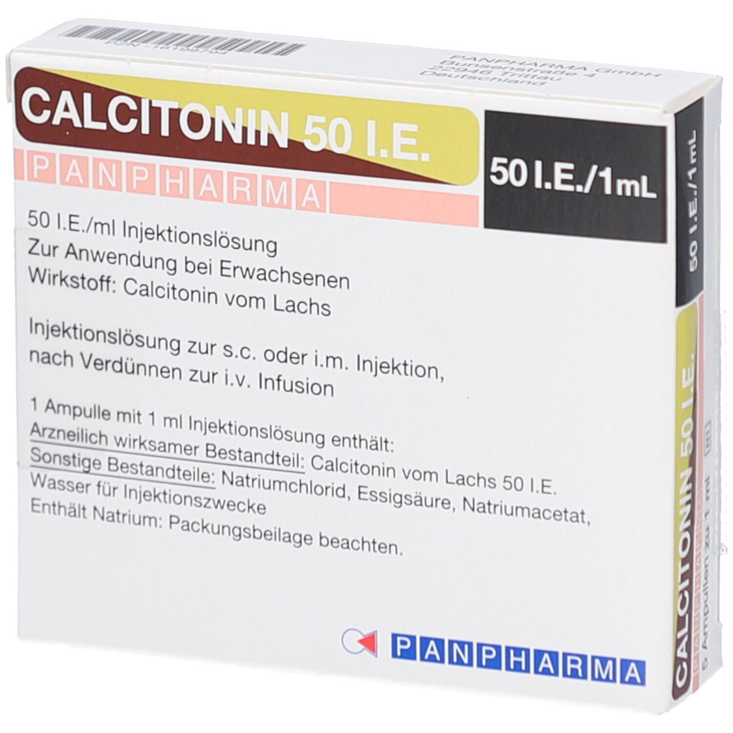 Schachtel CALCITONIN 50 I.E. von PANPHARMA. Aufschrift: 50 I.E./1 ml. Text in Deutsch. Enthält 5 Ampullen. Inhaltsangaben.