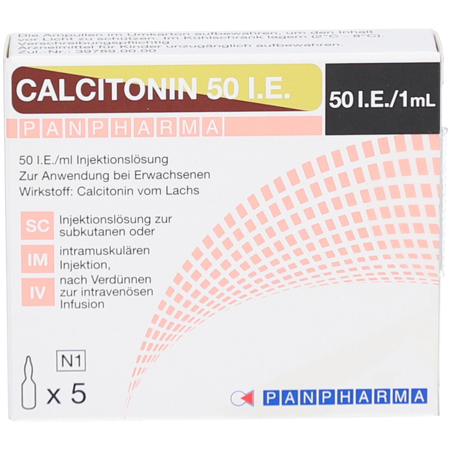Schachtel CALCITONIN 50 I.E. von PANPHARMA. Enthält 5 Ampullen. Aufschrift: 50 I.E./1 ml. Text in Deutsch.
