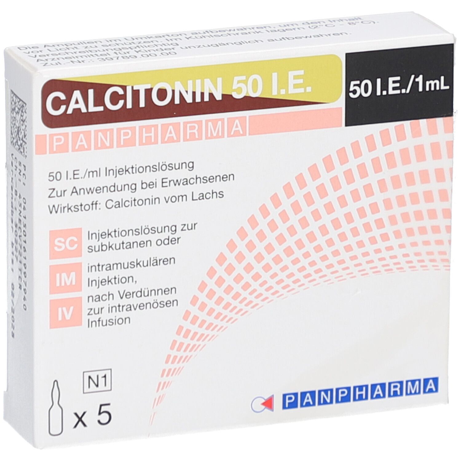 Schachtel CALCITONIN 50 I.E. von PANPHARMA. Enthält 5 Ampullen. Aufschrift: 50 I.E./1 ml. Text in Deutsch.