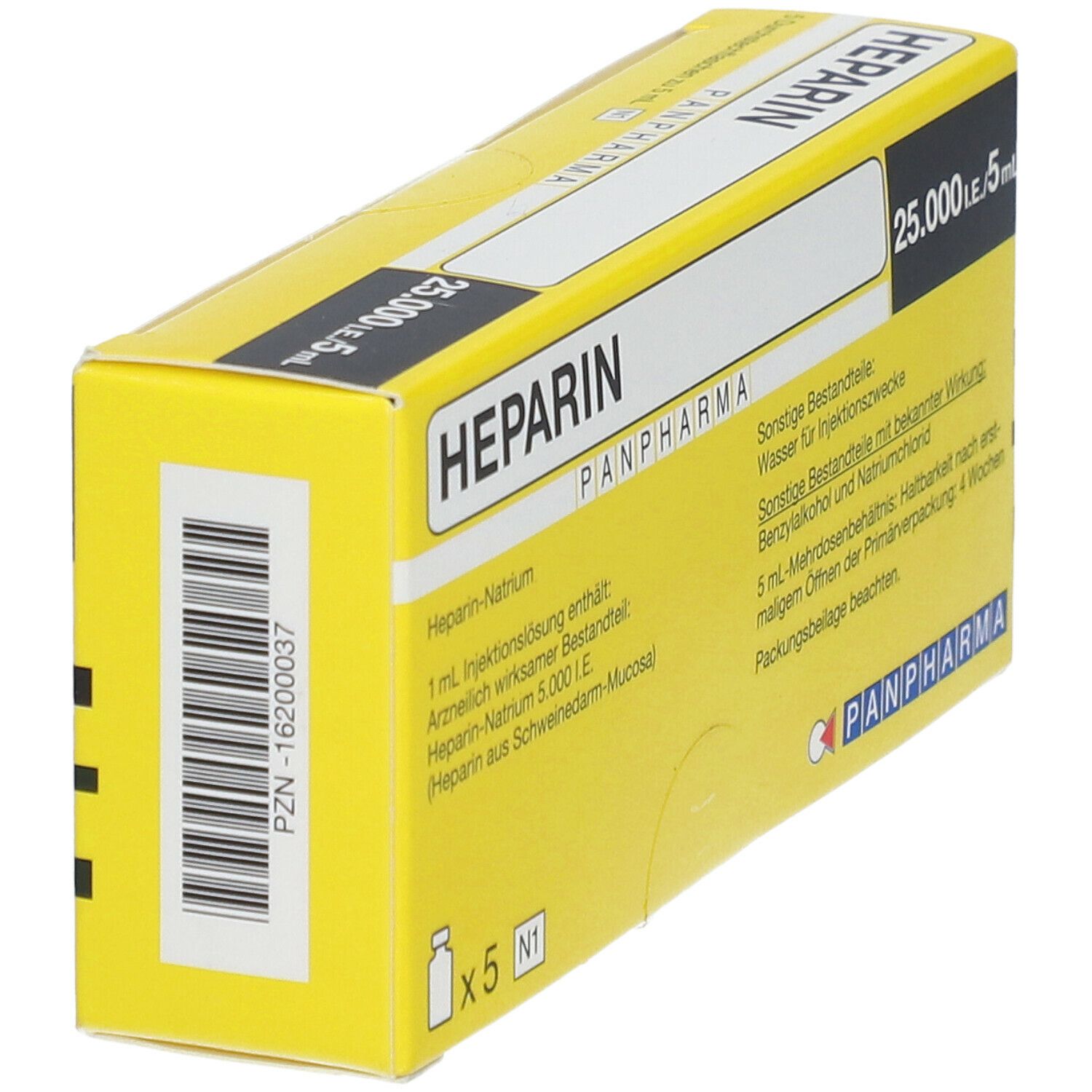 Heparin Panpharma 25.000 I.e./5 ml Inj.-Lsg.Dsfl. 5x5 Injektionslösung