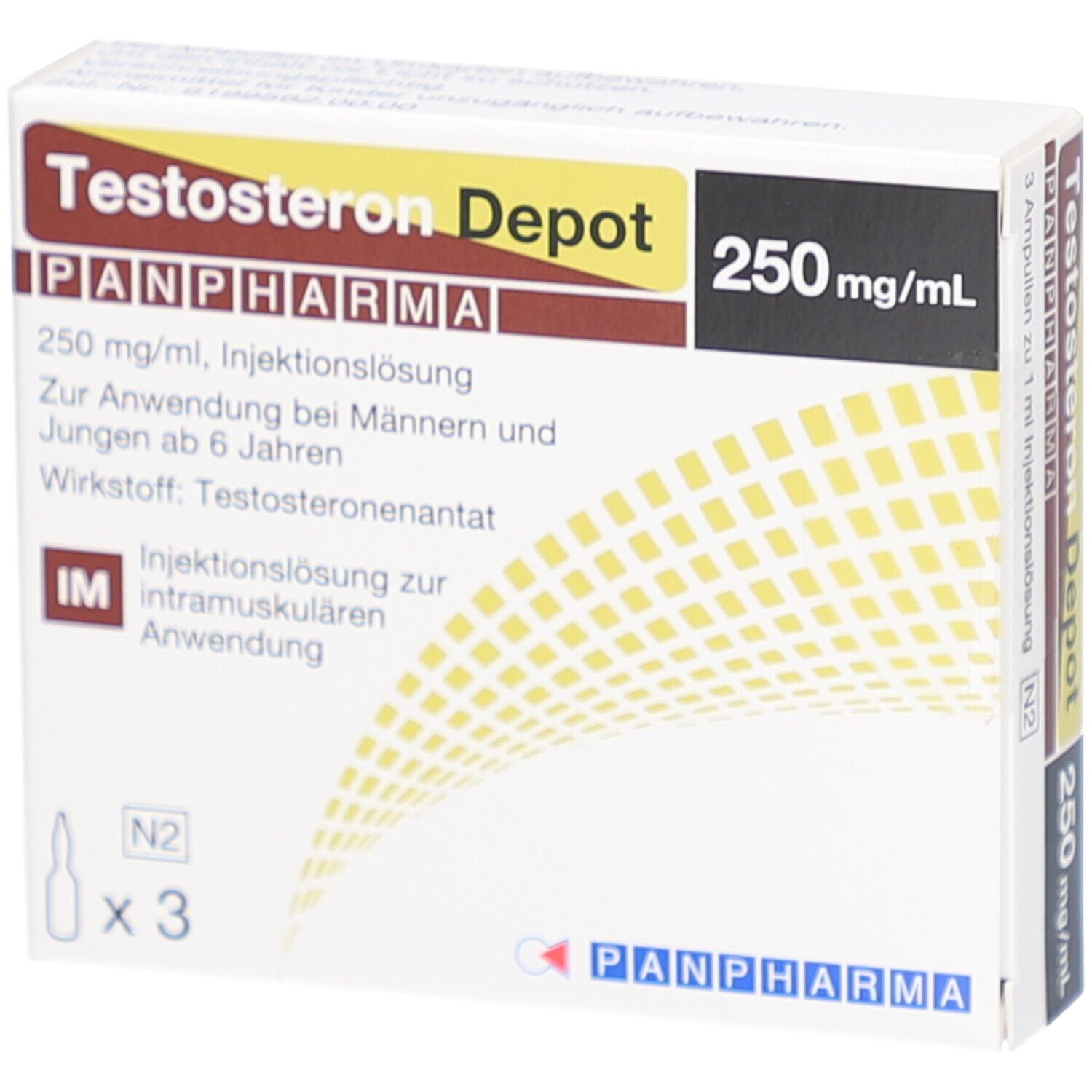 Karton mit Aufschrift Testosteron Depot PANPHARMA, 250 mg/ml. Enthält 3 Ampullen. Text in Deutsch.