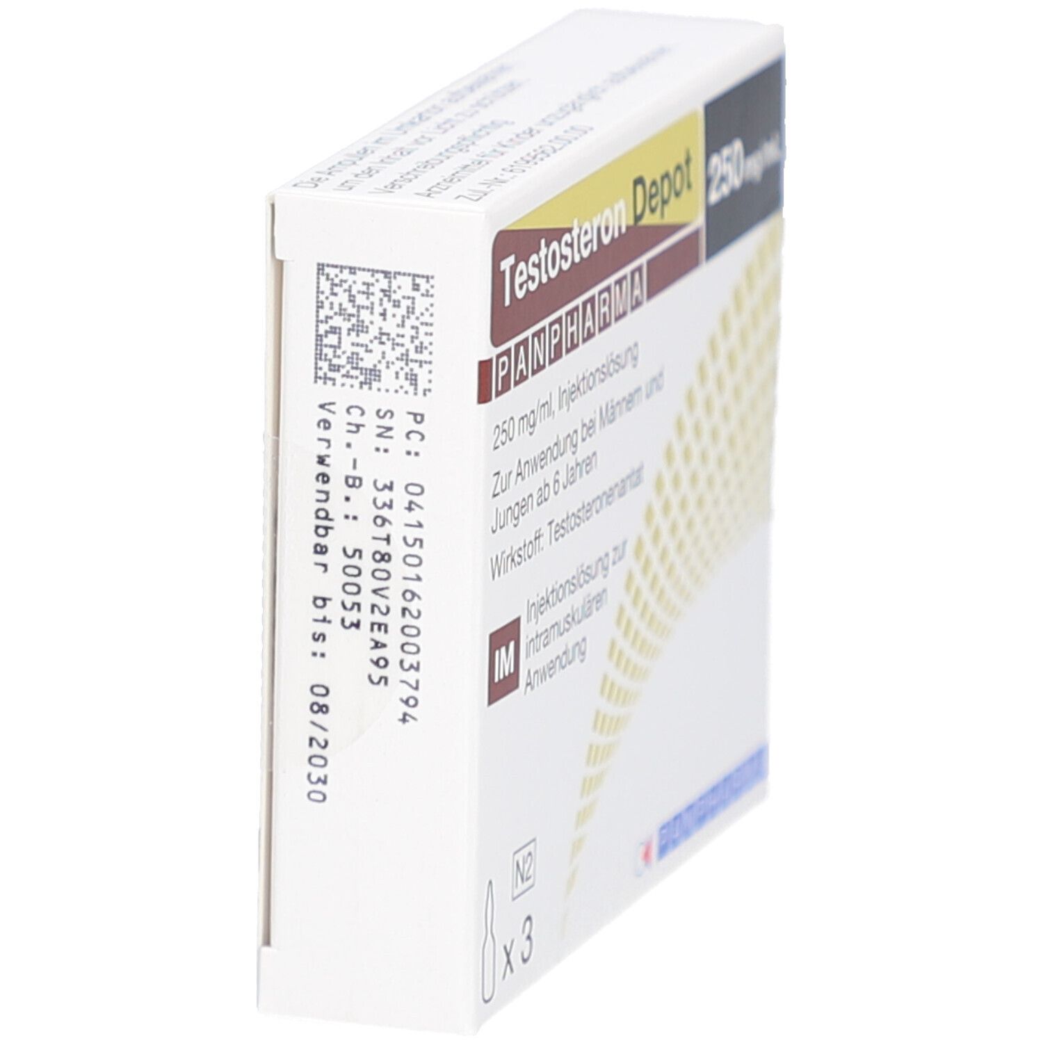 Seitenansicht der Testosteron Depot PANPHARMA Verpackung. Text und Barcode sichtbar.