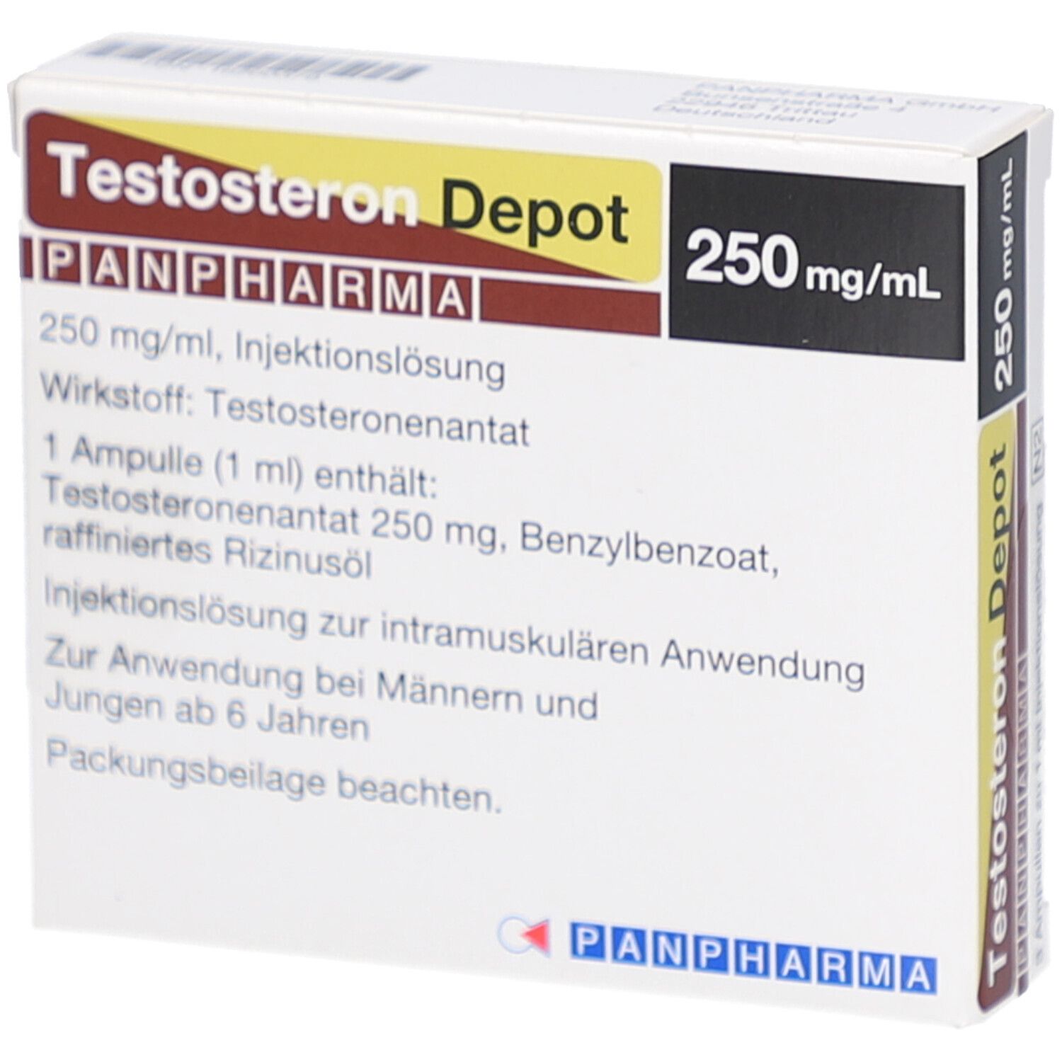 Karton Testosteron Depot PANPHARMA, 250 mg/ml. Enthält Informationen zu Inhaltsstoffen und Anwendung.