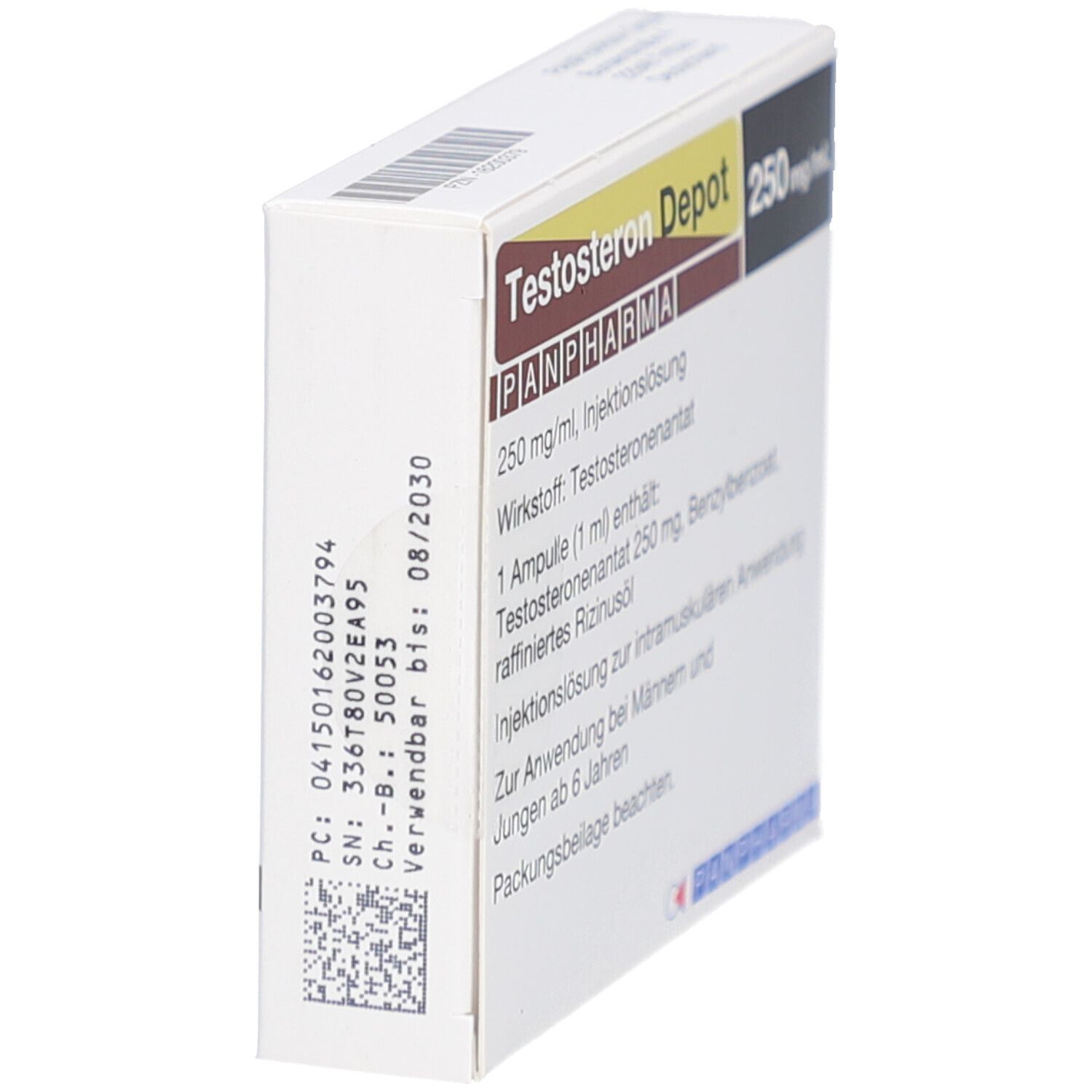 Seitenansicht der Testosteron Depot Verpackung. Text und Barcode sichtbar.