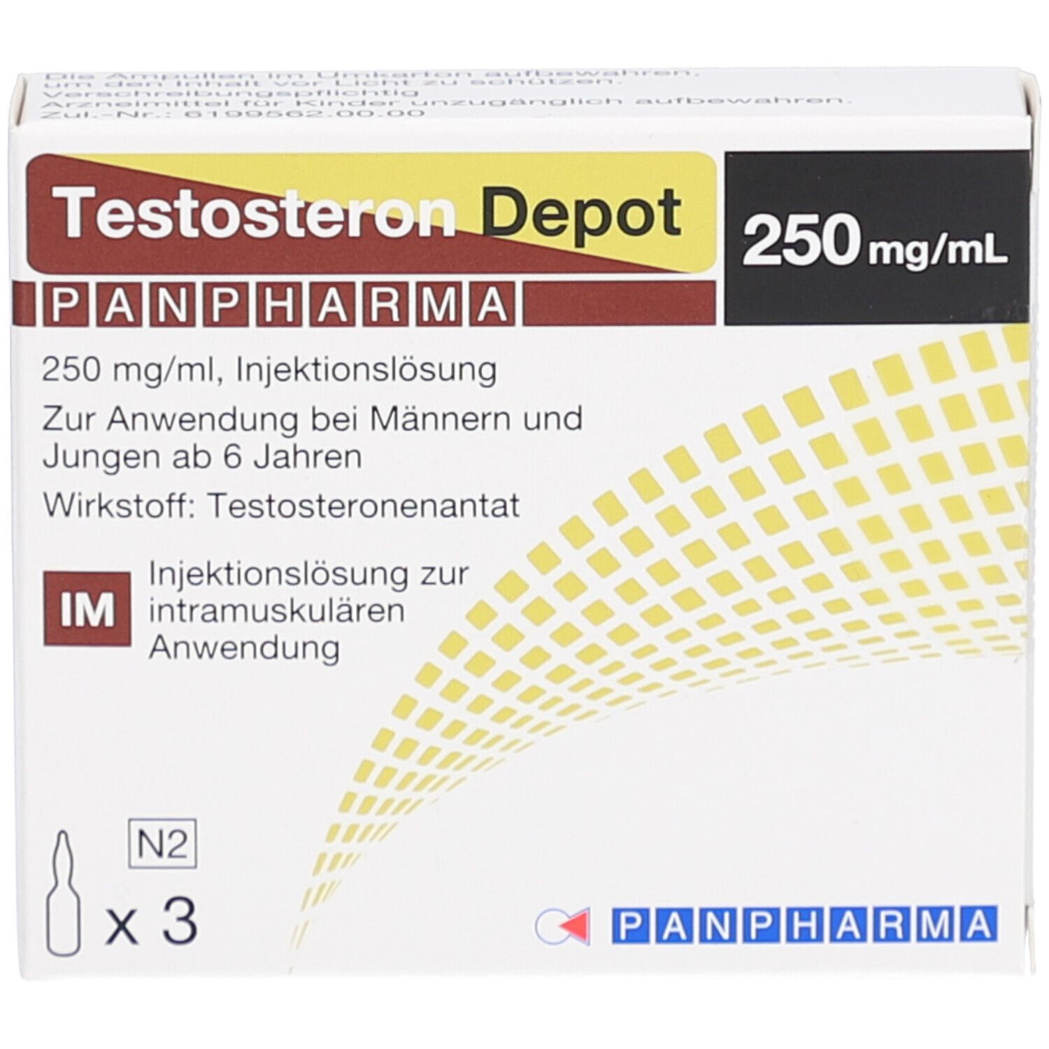 Karton Testosteron Depot PANPHARMA, 250 mg/ml. Enthält 3 Ampullen. Text in Deutsch.