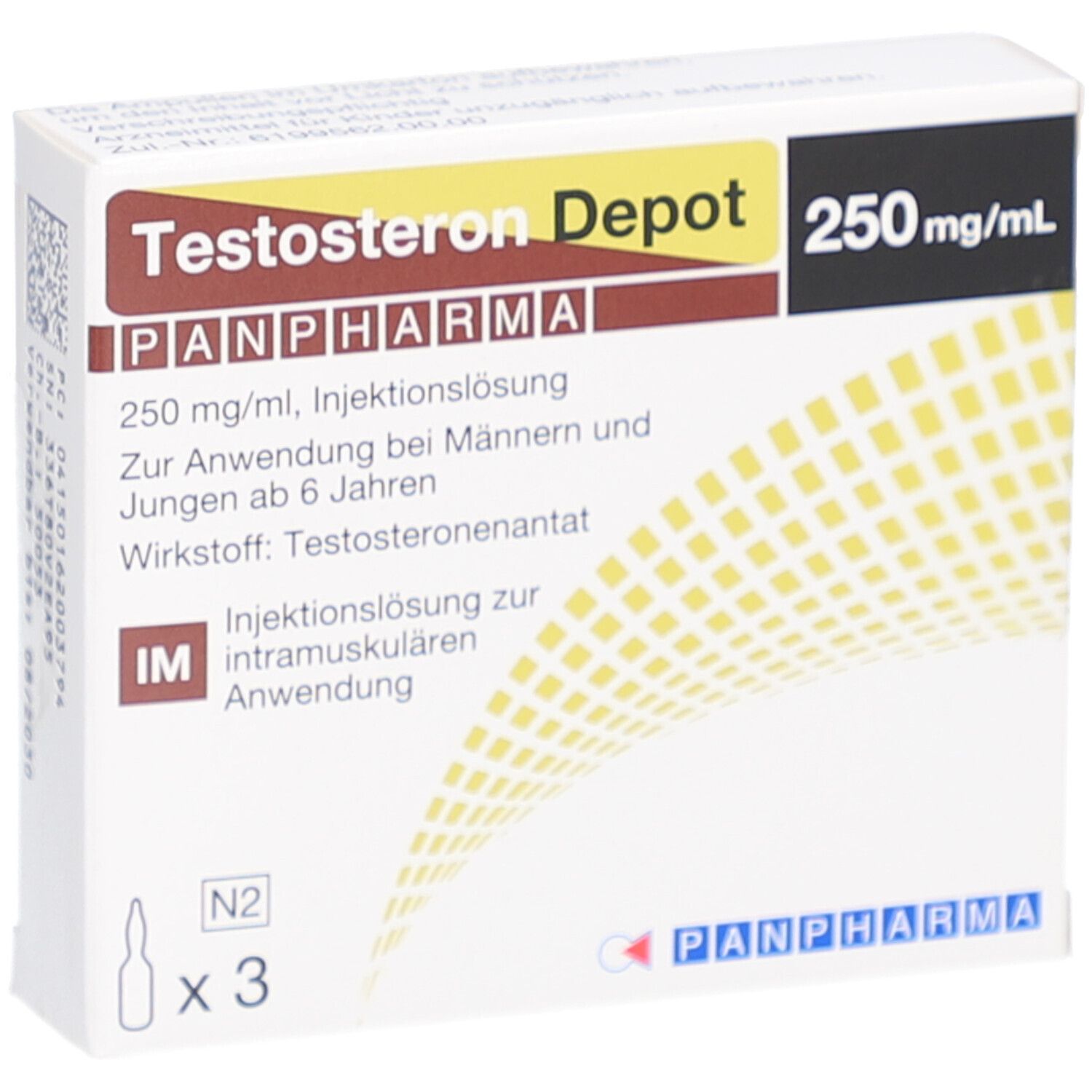 Karton Testosteron Depot PANPHARMA, 250 mg/ml. Enthält 3 Ampullen. Text in Deutsch.