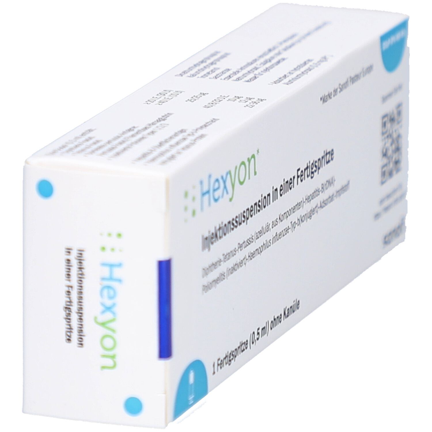 Weiße Schachtel mit HEXYON-Logo und Text. Seitenansicht. Blaue Akzente. Text: Injektionssuspension in einer Fertigspritze.