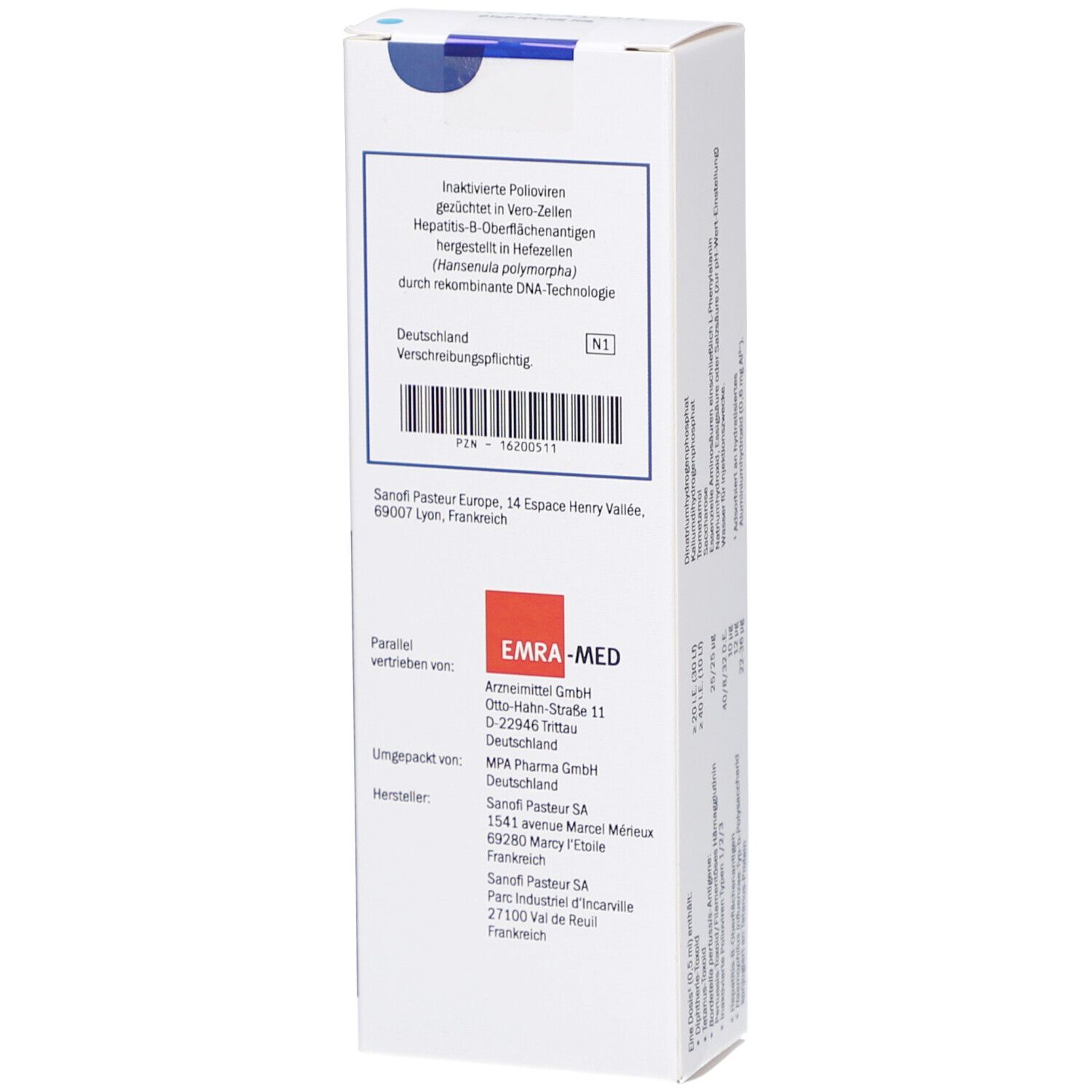 Weiße Schachtel mit Text. Enthält Informationen zu Inhaltsstoffen und Hersteller. EMRA-MED-Logo.