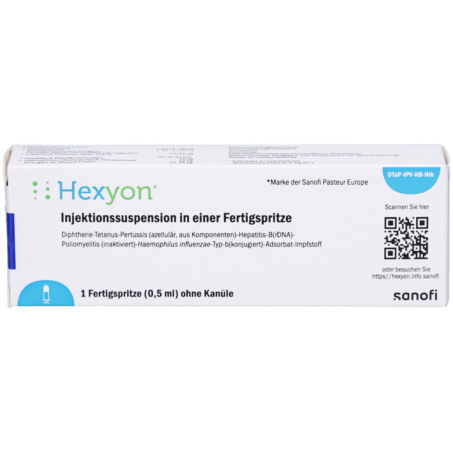 Weiße Schachtel mit HEXYON-Logo und Text. Enthält eine Fertigspritze. QR-Code und Sanofi-Logo.
