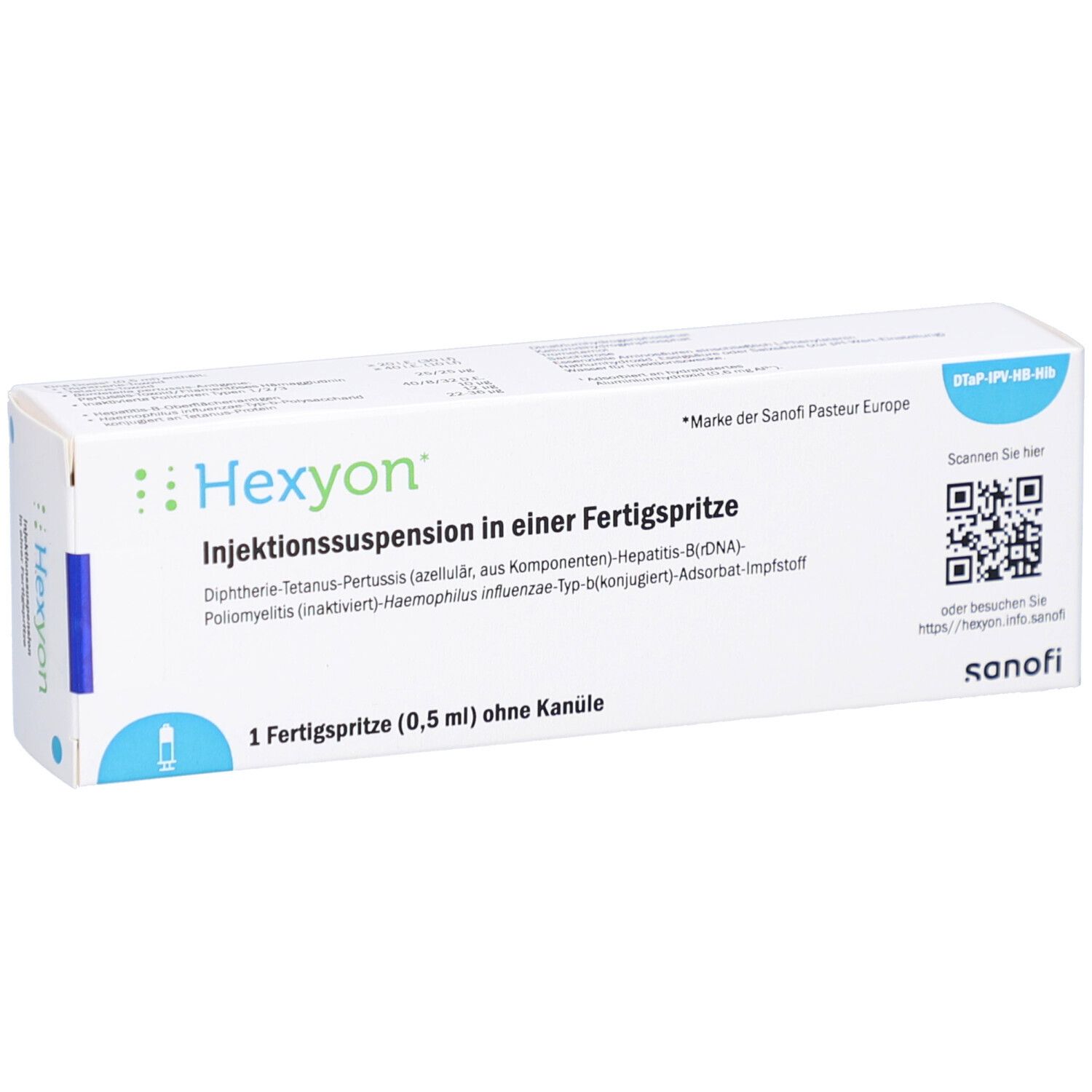 Weiße Schachtel mit HEXYON-Logo und Text. Enthält eine Fertigspritze. QR-Code und Sanofi-Logo.