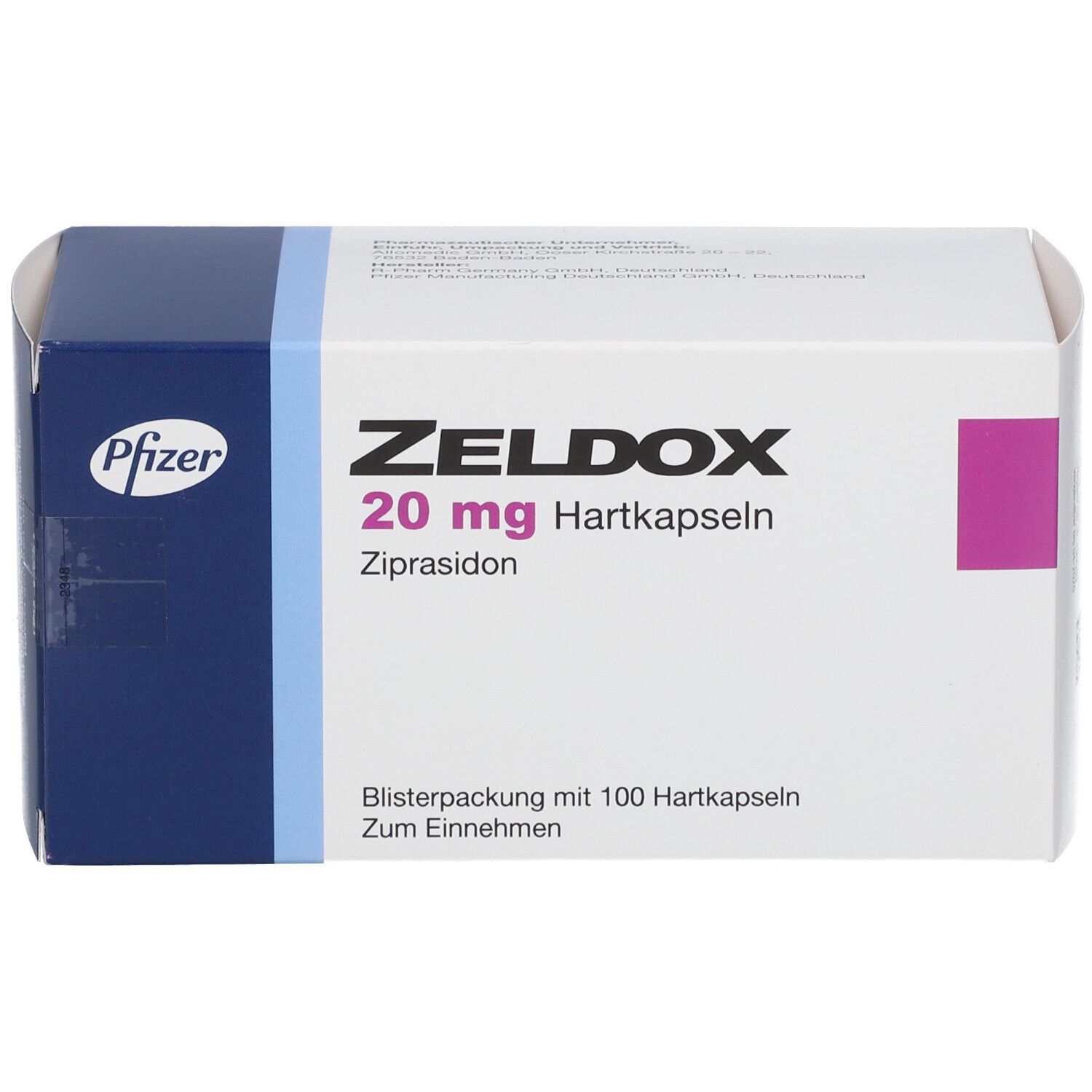 Schachtel mit blauer und weißer Beschriftung. Aufschrift: Zeldox 20 mg Hartkapseln, Pfizer Logo.