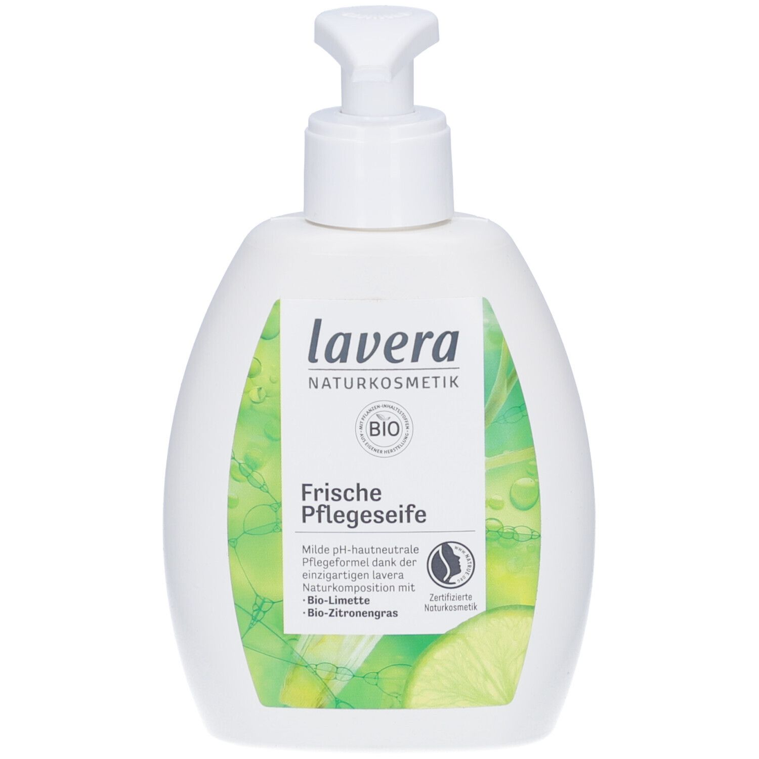 Weiße Flasche mit Spender. Aufschrift: lavera NATURKOSMETIK, Bio, Frische Pflegeseife. Limette und Zitronengras.