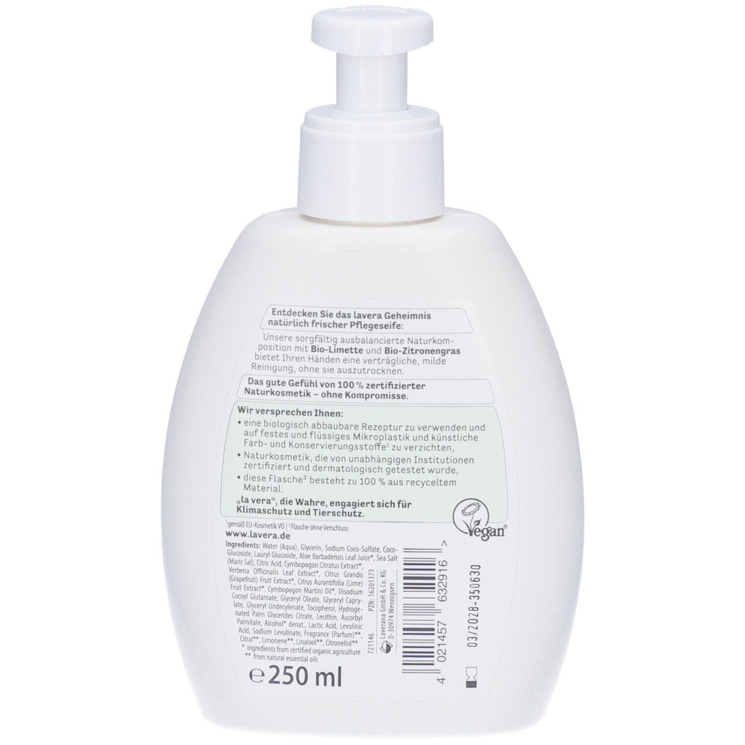 Weiße Flasche mit Spender, Seitenansicht. Aufschrift und grüne Illustrationen. Pumpkopf oben.