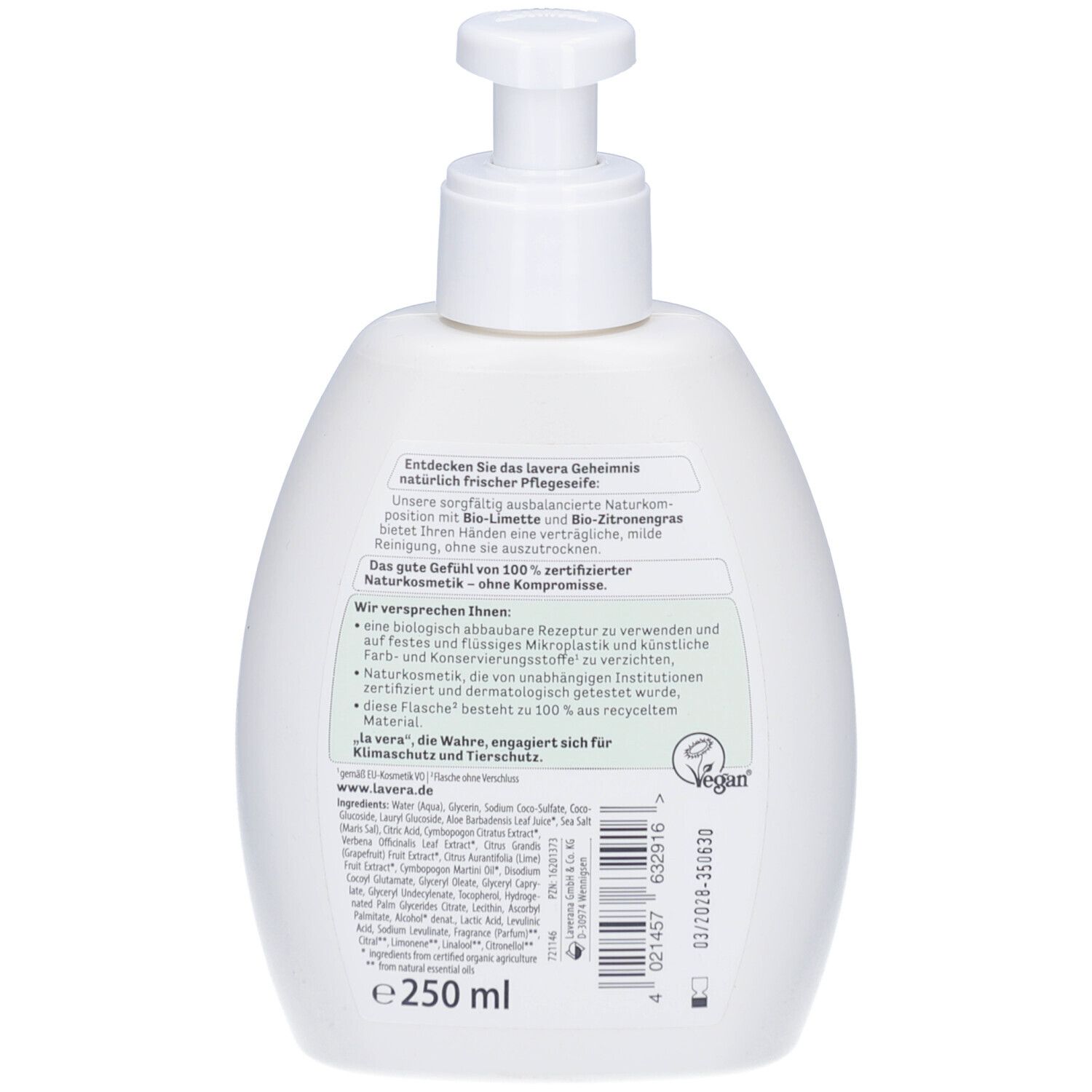 Rückseite der weißen Flasche mit Spender. Text und Inhaltsstoffe. Vegan-Siegel. Volumen: 250 ml.