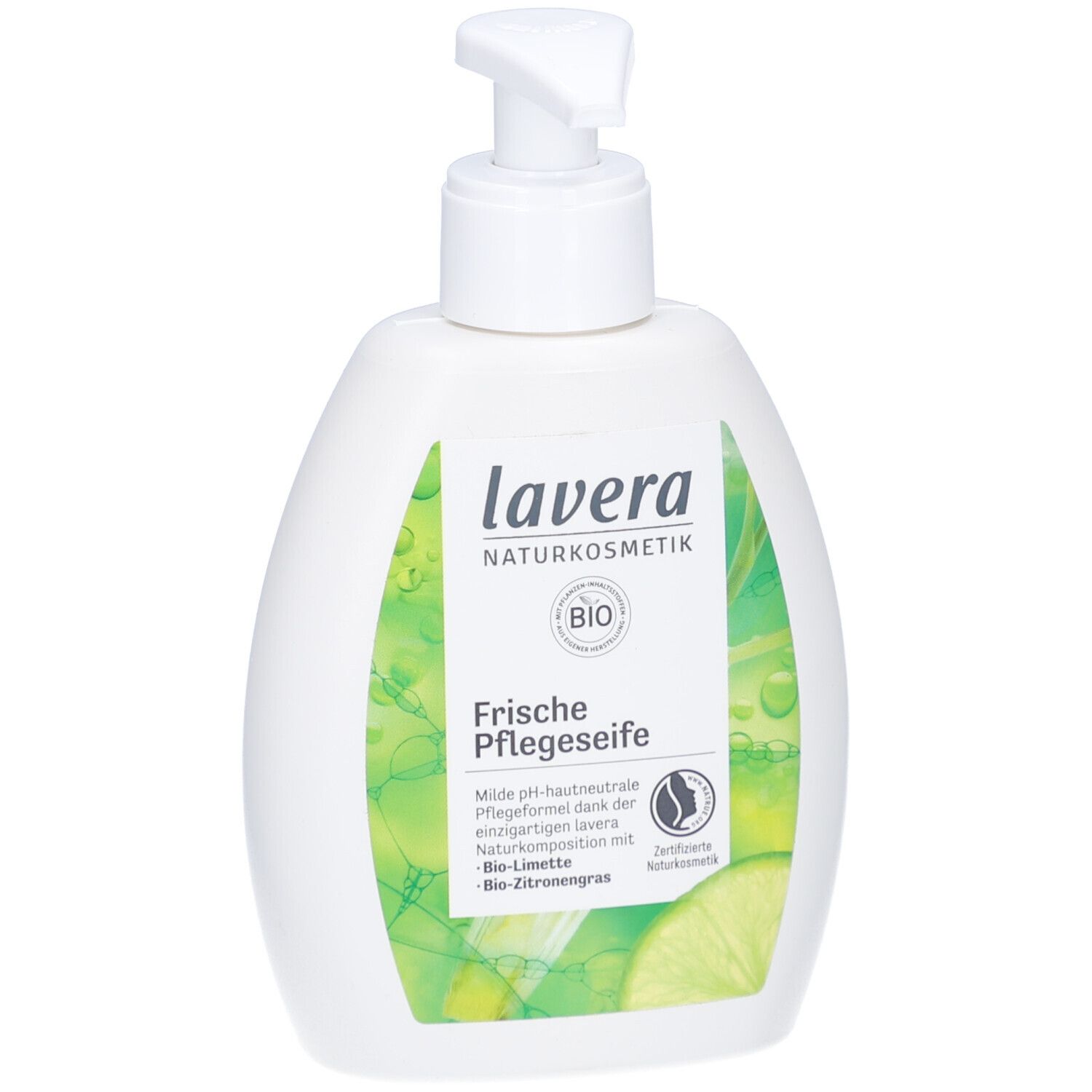 Weiße Flasche mit Spender. Aufschrift: lavera NATURKOSMETIK, Bio, Frische Pflegeseife. Limette und Zitronengras.