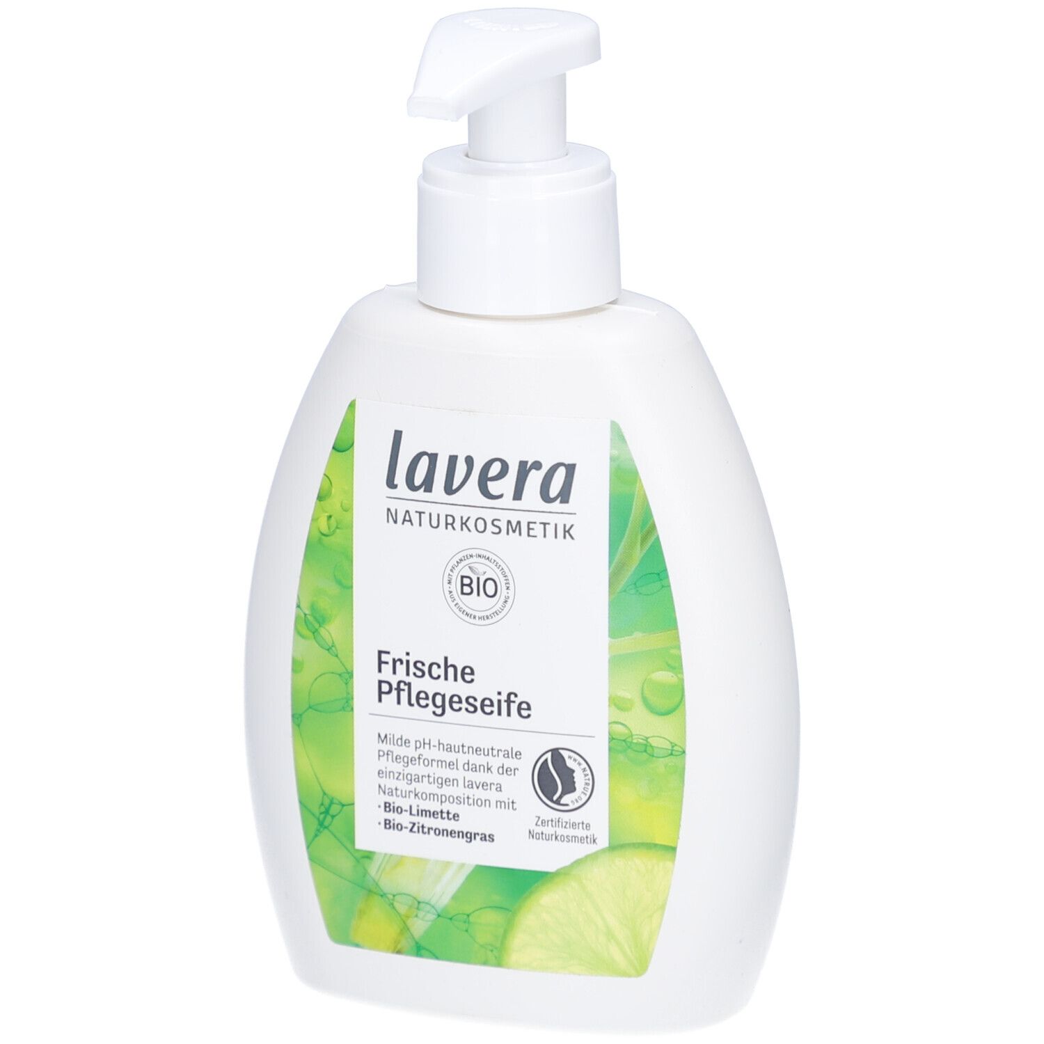 Weiße Flasche mit Spender. Aufschrift: lavera NATURKOSMETIK, Bio, Frische Pflegeseife. Limette und Zitronengras.