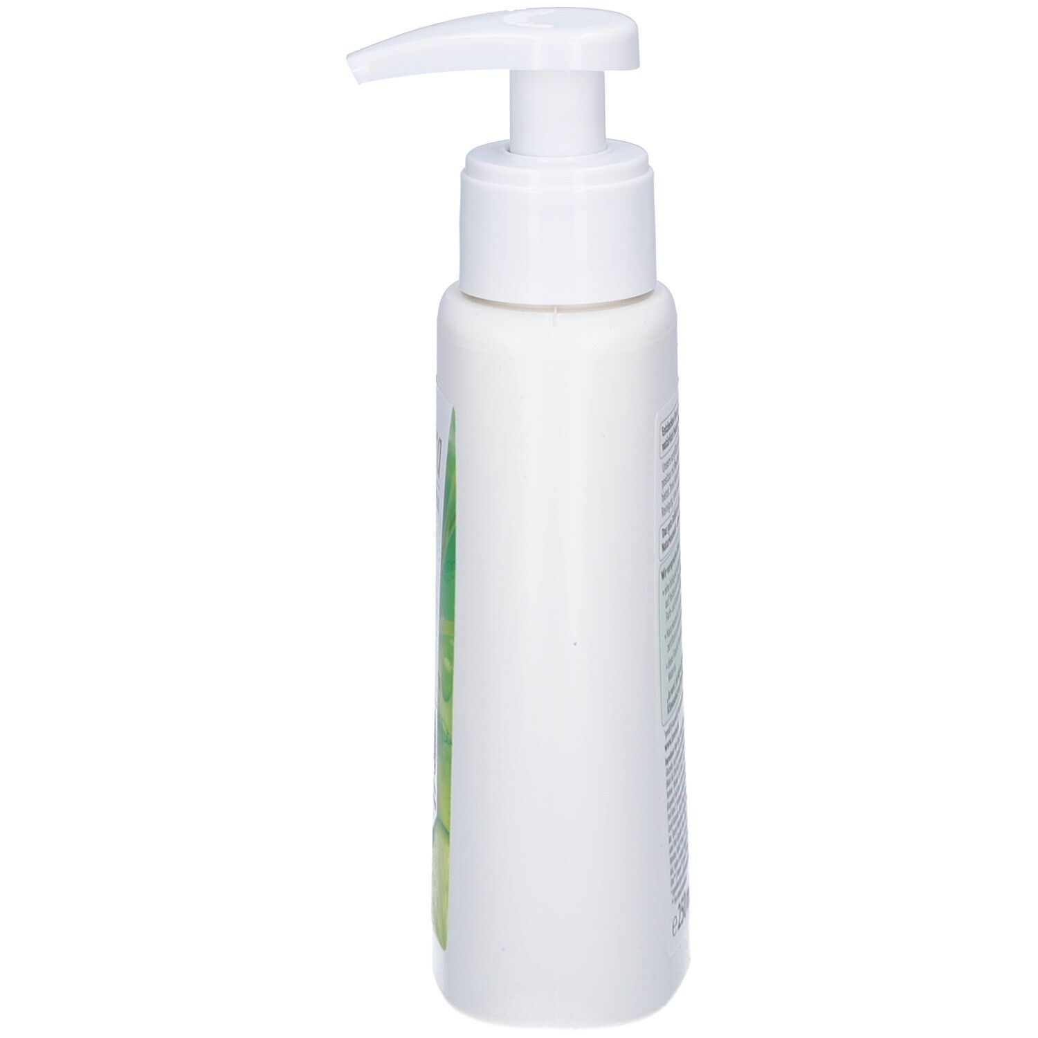 Weiße Flasche mit Spender, Seitenansicht. Aufschrift und grüne Illustrationen. Pumpkopf oben.