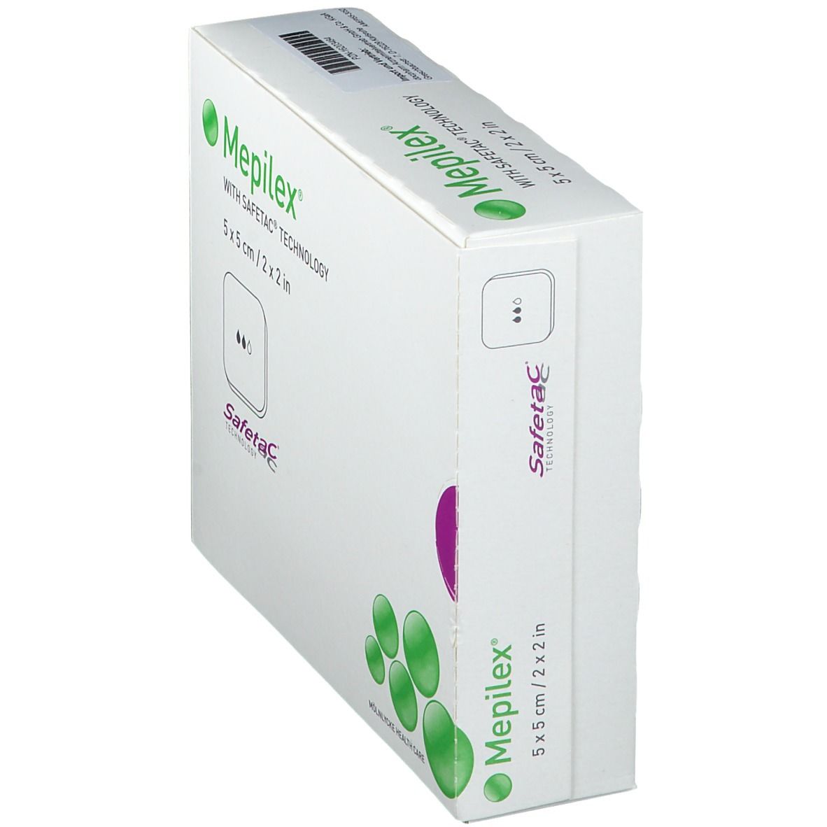 Schachtel Mepilex Schaumverband, 5x5 cm, Safetac Technologie. Weiße Verpackung, grünes Logo, Produktinformationen, Seitenansicht.