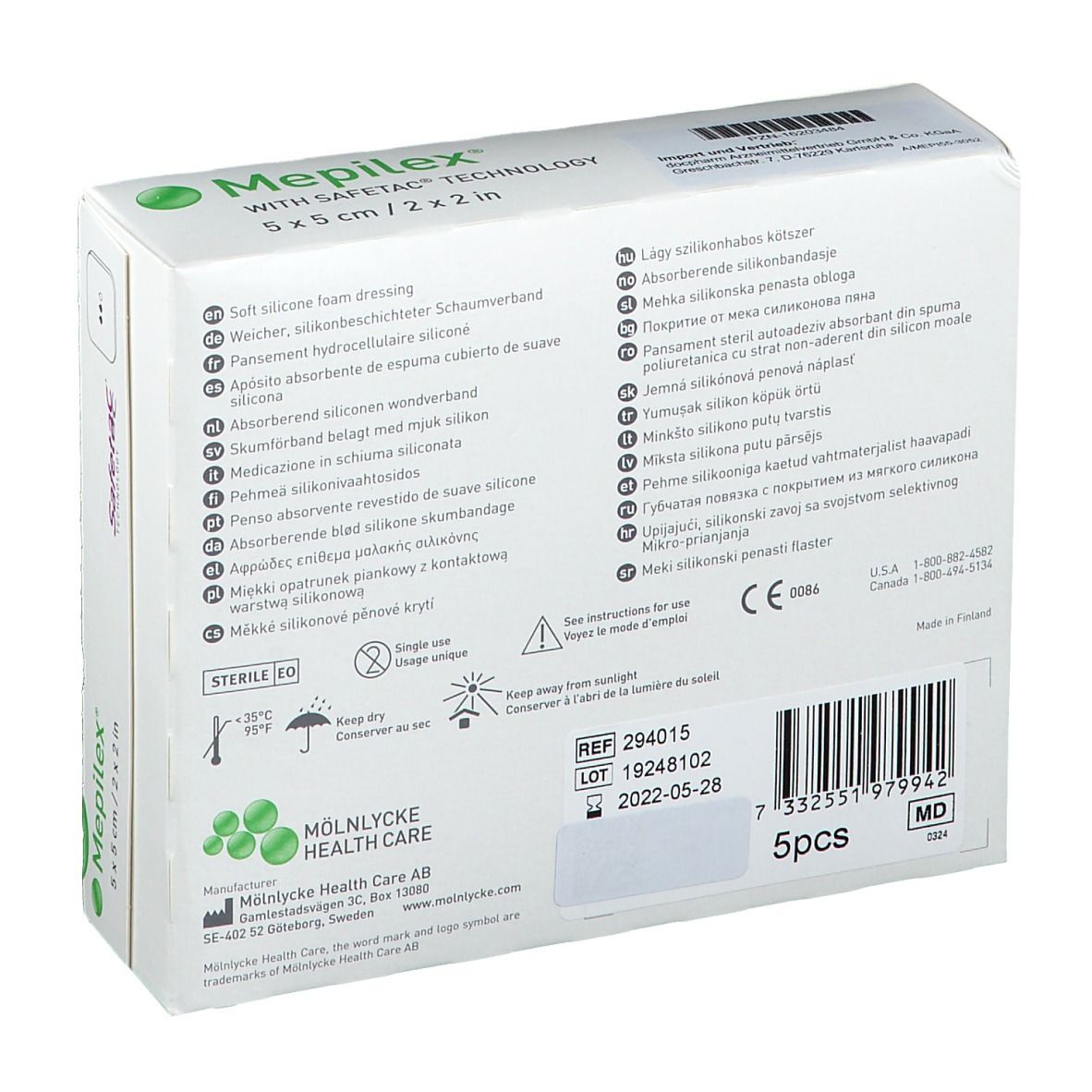 Rückseite der Mepilex Verpackung. Produktinformationen, Herstellerangaben, Chargennummer, Haltbarkeitsdatum, 5 Stück.
