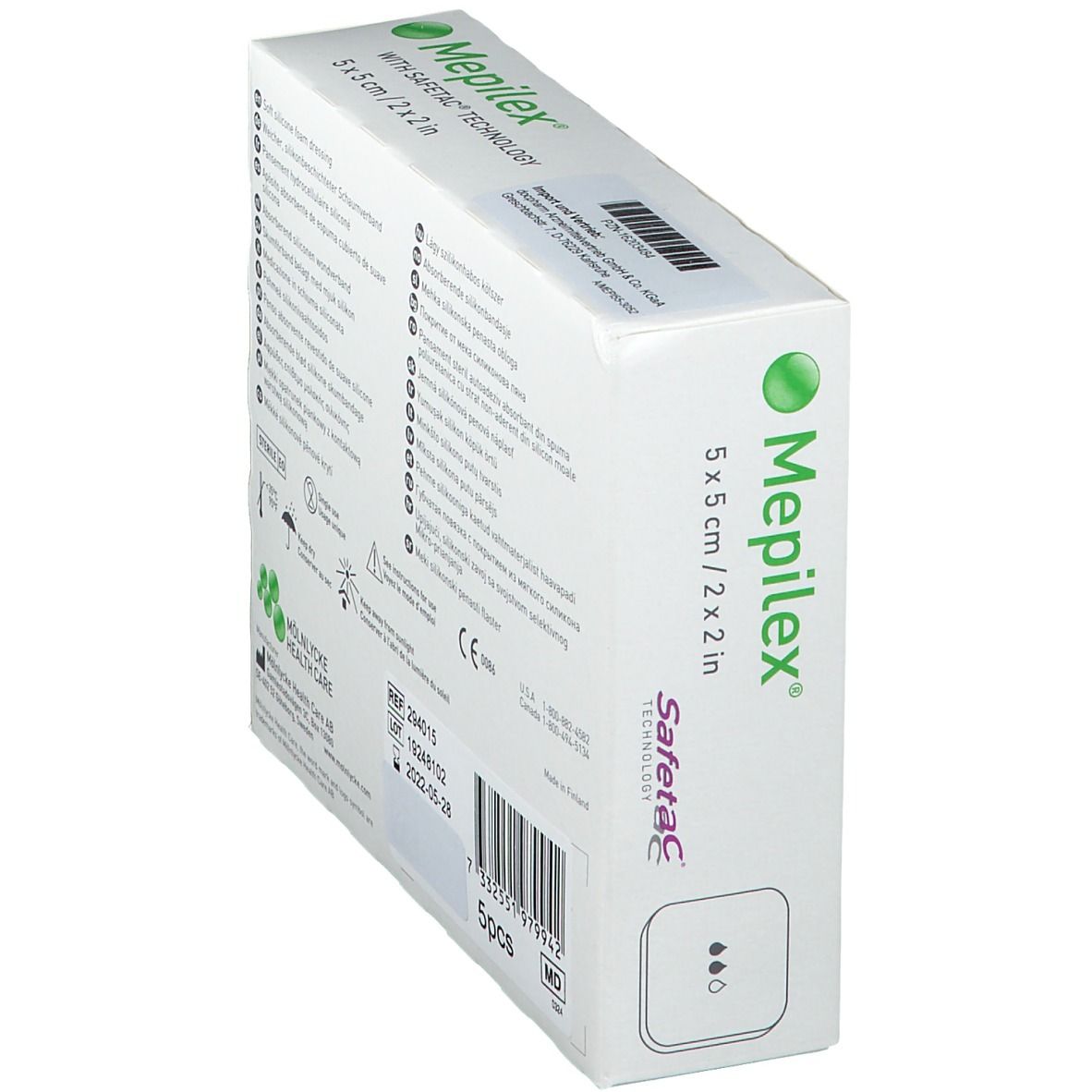 Mepilex Schaumverband Verpackung, 5x5 cm, Safetac Technologie. Weiße Schachtel, grünes Logo, Produktinformationen, Seitenansicht.
