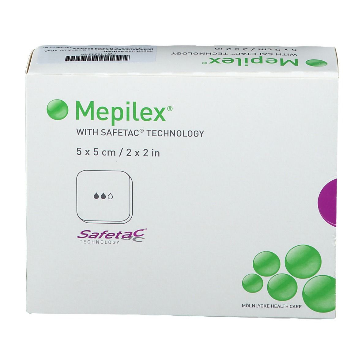Verpackung Mepilex Schaumverband, 5x5 cm, Safetac Technologie. Weiße Schachtel mit grünem Logo und Produktinformationen.