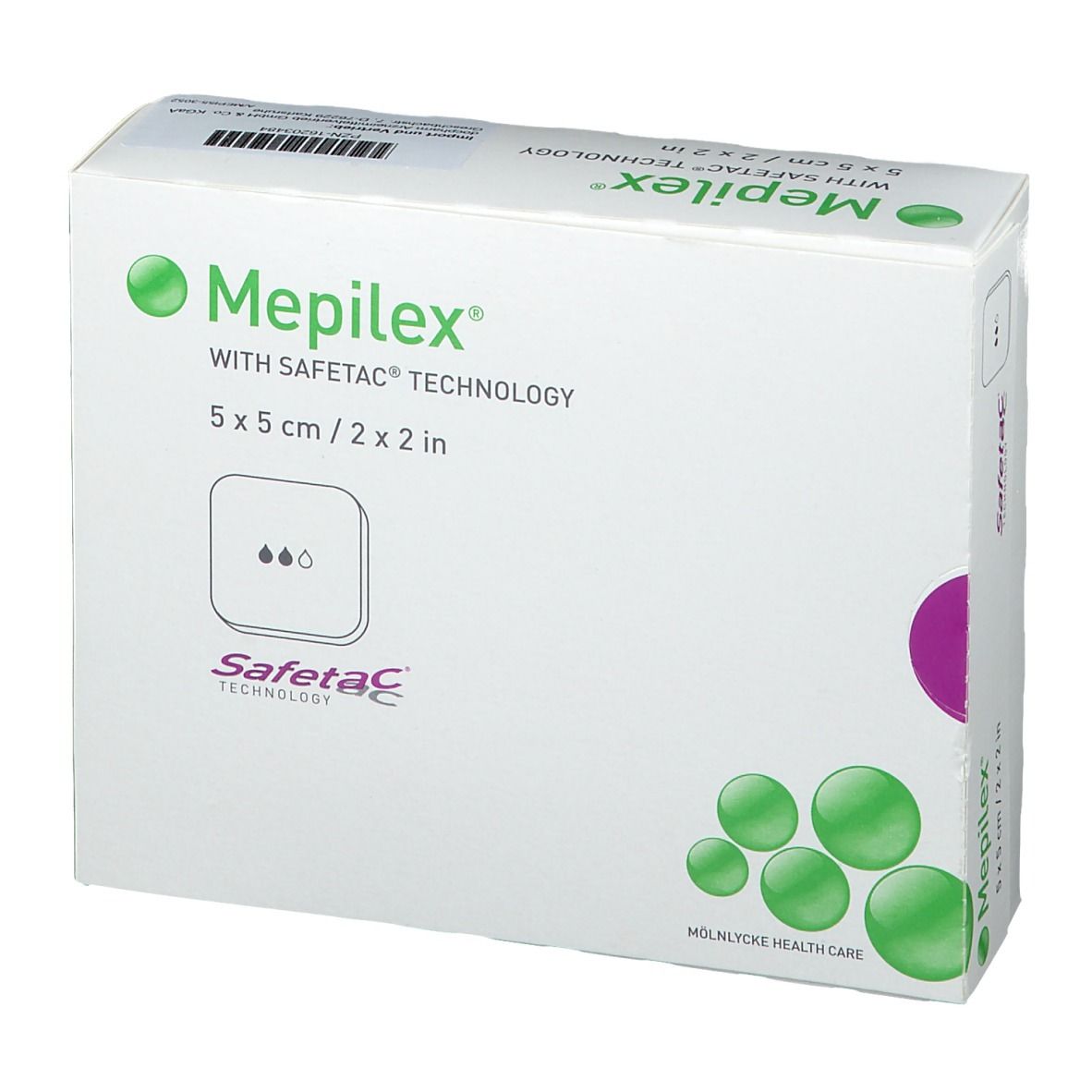 Mepilex Schaumverband Verpackung, 5x5 cm, Safetac Technologie. Weiße Schachtel mit grünem Logo und Produktinformationen.