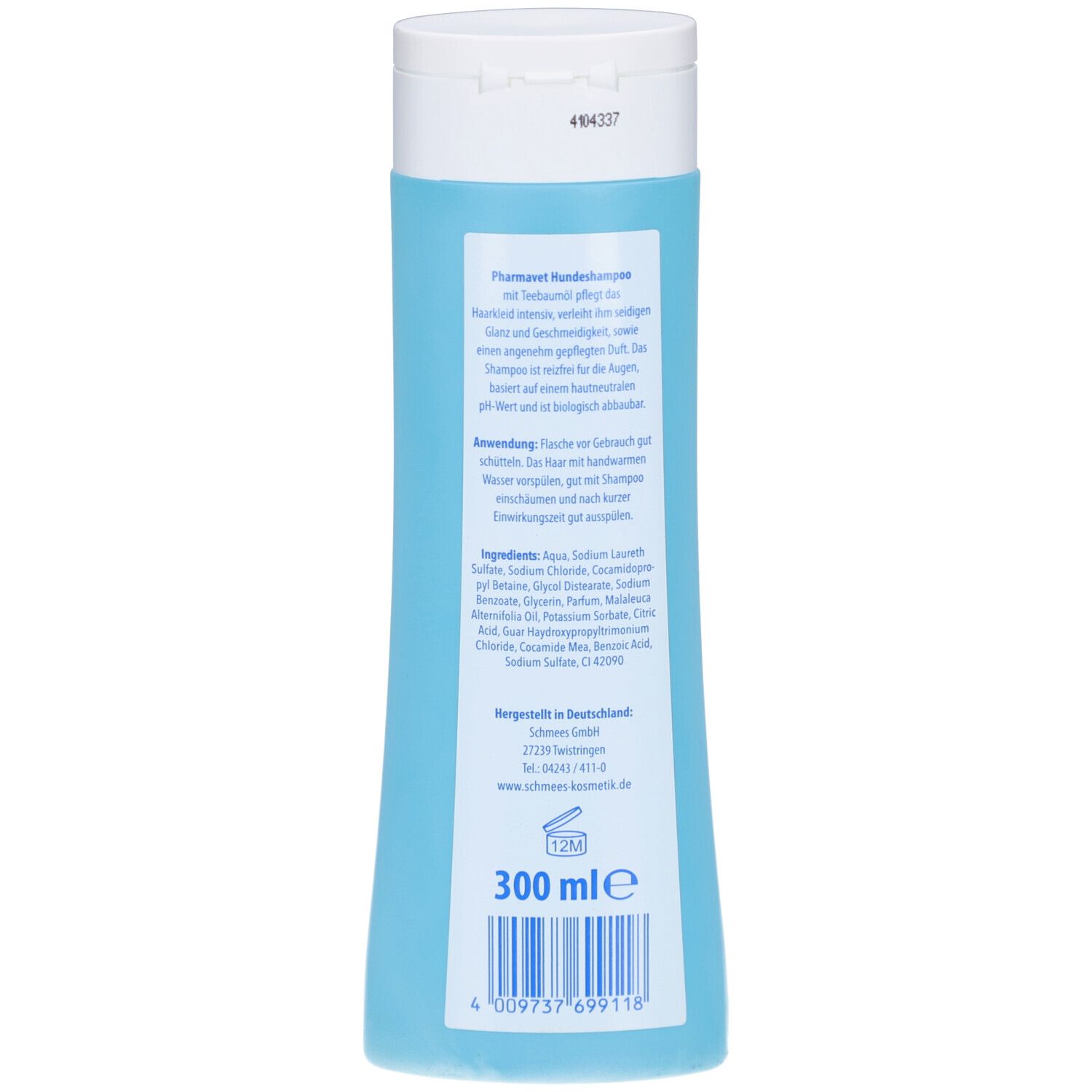 Rückseite der Shampoo-Flasche. Text: Pharmavet Hunde Shampoo. Inhaltsstoffe und Herstellerangaben. 300 ml. Barcode.