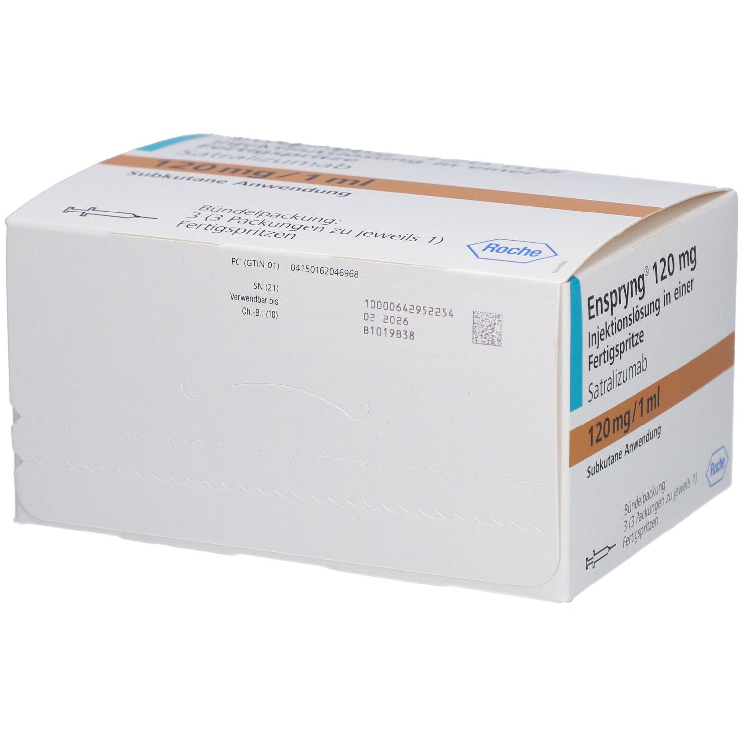 Weiße Verpackung mit blauer und brauner Beschriftung. Text: Enspryng 120 mg, Injektionslösung, Fertigspritze. Roche Logo.