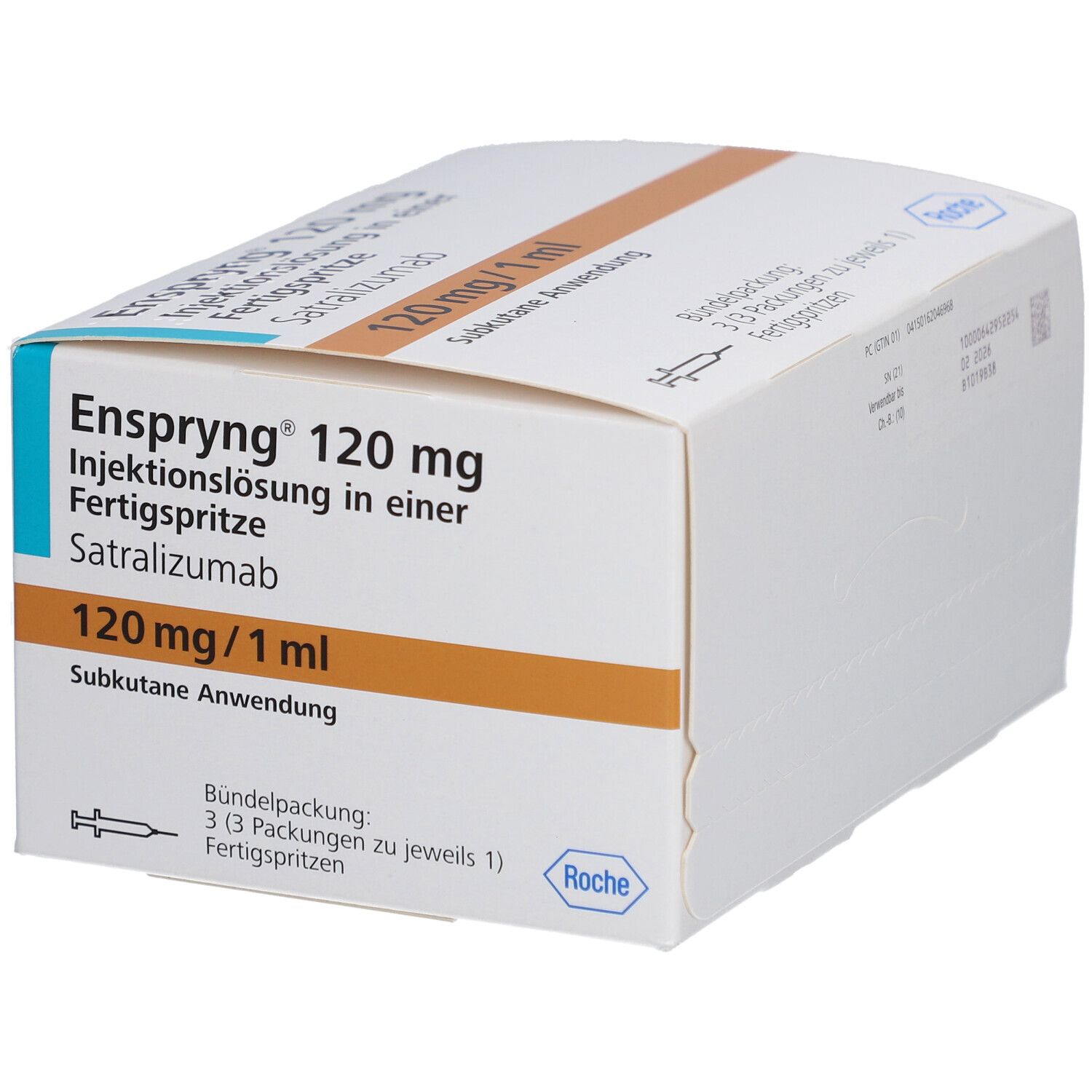 Weiße Verpackung mit blauer und brauner Beschriftung. Text: Enspryng 120 mg, Injektionslösung, Fertigspritze. Roche Logo.