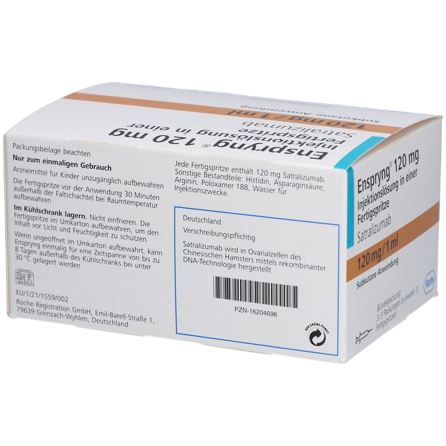 Rückseite einer weißen Verpackung mit Text. Text: Enspryng 120 mg, Injektionslösung, Fertigspritze. Roche Logo. Barcode.