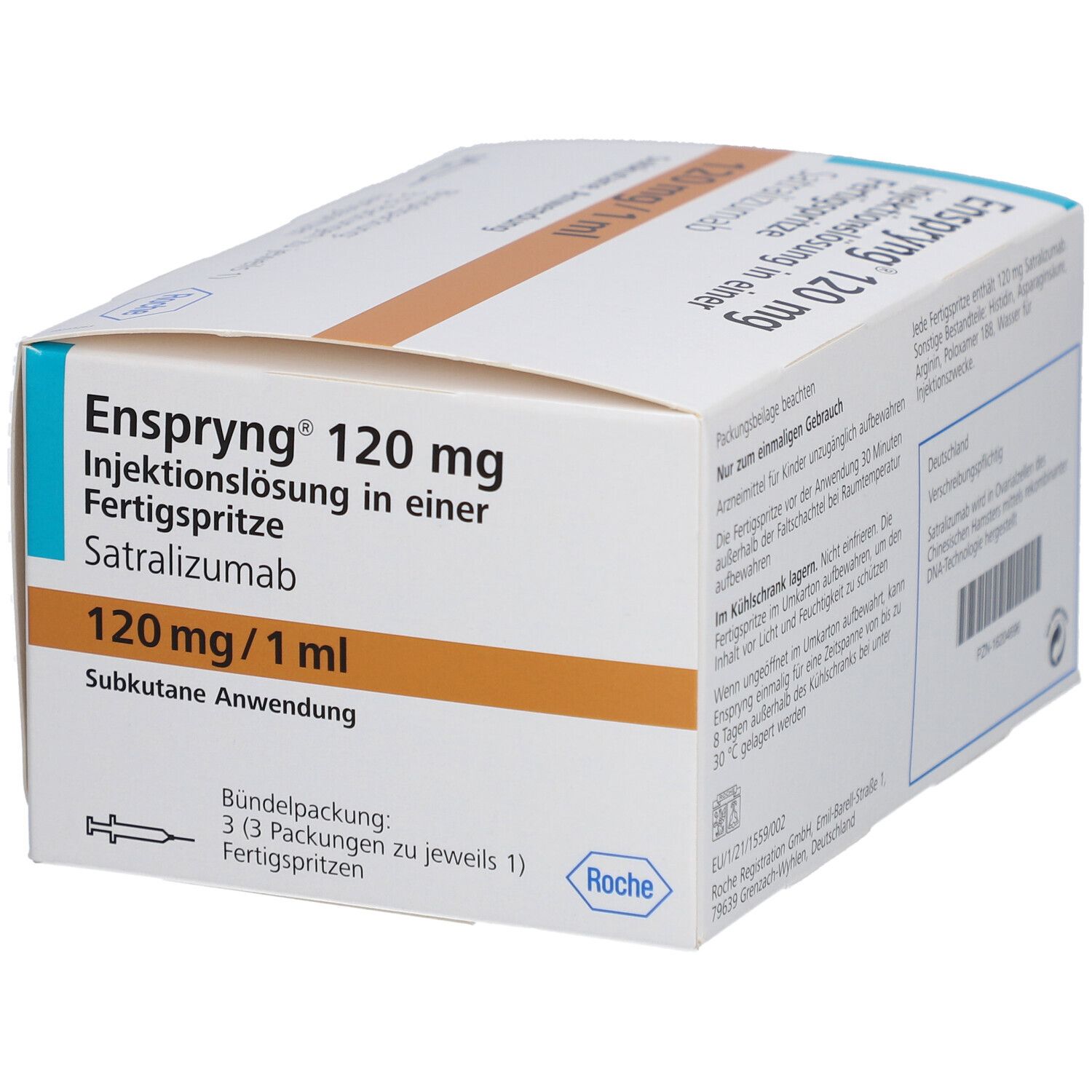 Weiße Verpackung mit blauer und brauner Beschriftung. Text: Enspryng 120 mg, Injektionslösung, Fertigspritze. Roche Logo.